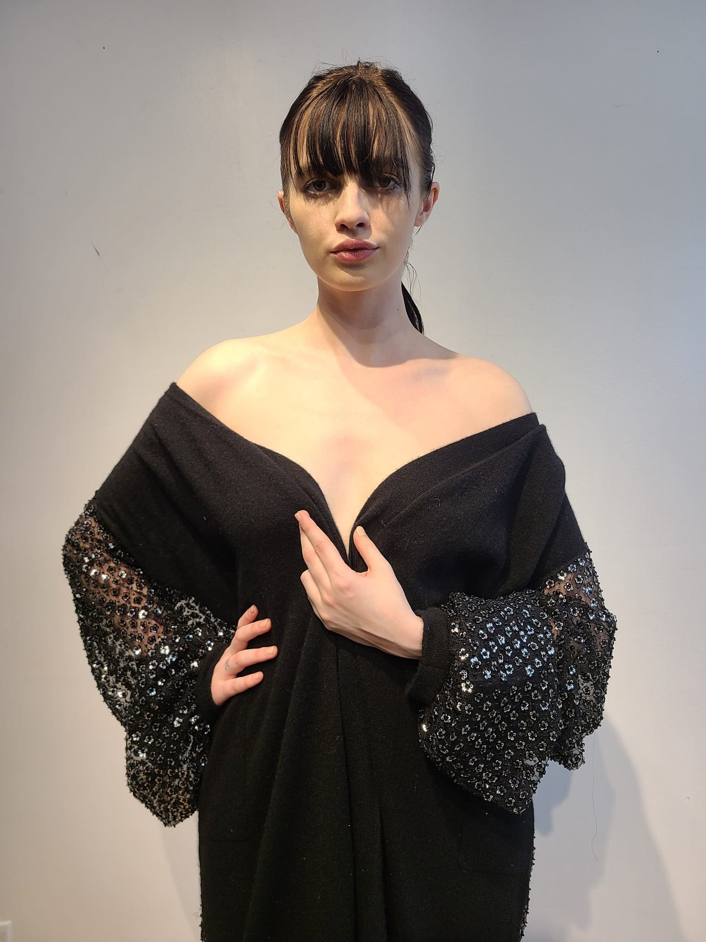 BLACK CASHMERE EVENING ROBE WITH LONG LANTERN SLEEVES EMBELLISHED WITH SILVER MICRO SEQUIN FLOWERS & BLACK JET BEADS & CASHMERE KNIT CUFFS (SIZE L)