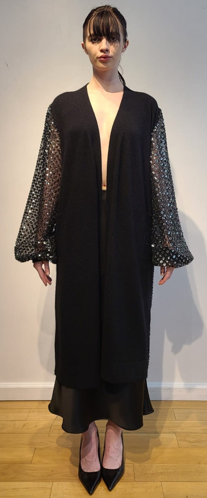 BLACK CASHMERE EVENING ROBE WITH LONG LANTERN SLEEVES EMBELLISHED WITH SILVER MICRO SEQUIN FLOWERS & BLACK JET BEADS & CASHMERE KNIT CUFFS (SIZE L)
