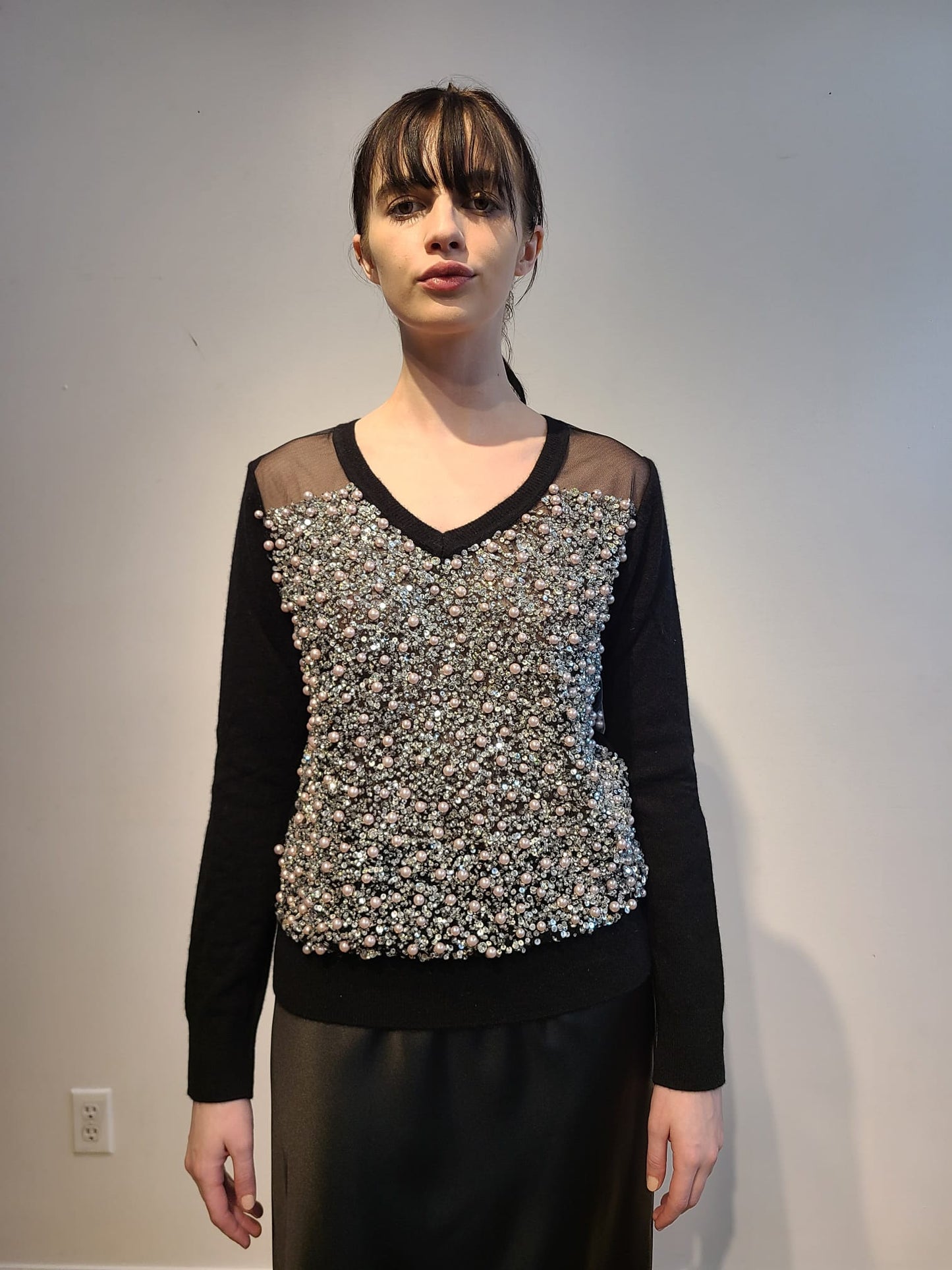BLACK CASHMERE V NECK WITH FRONT EMBELLISHED BLACK & PLATINUM PEARL BEADS & CRYSTALS ON BLACK TULLE & LINED WITH BLACK TULLE (SIZE M)