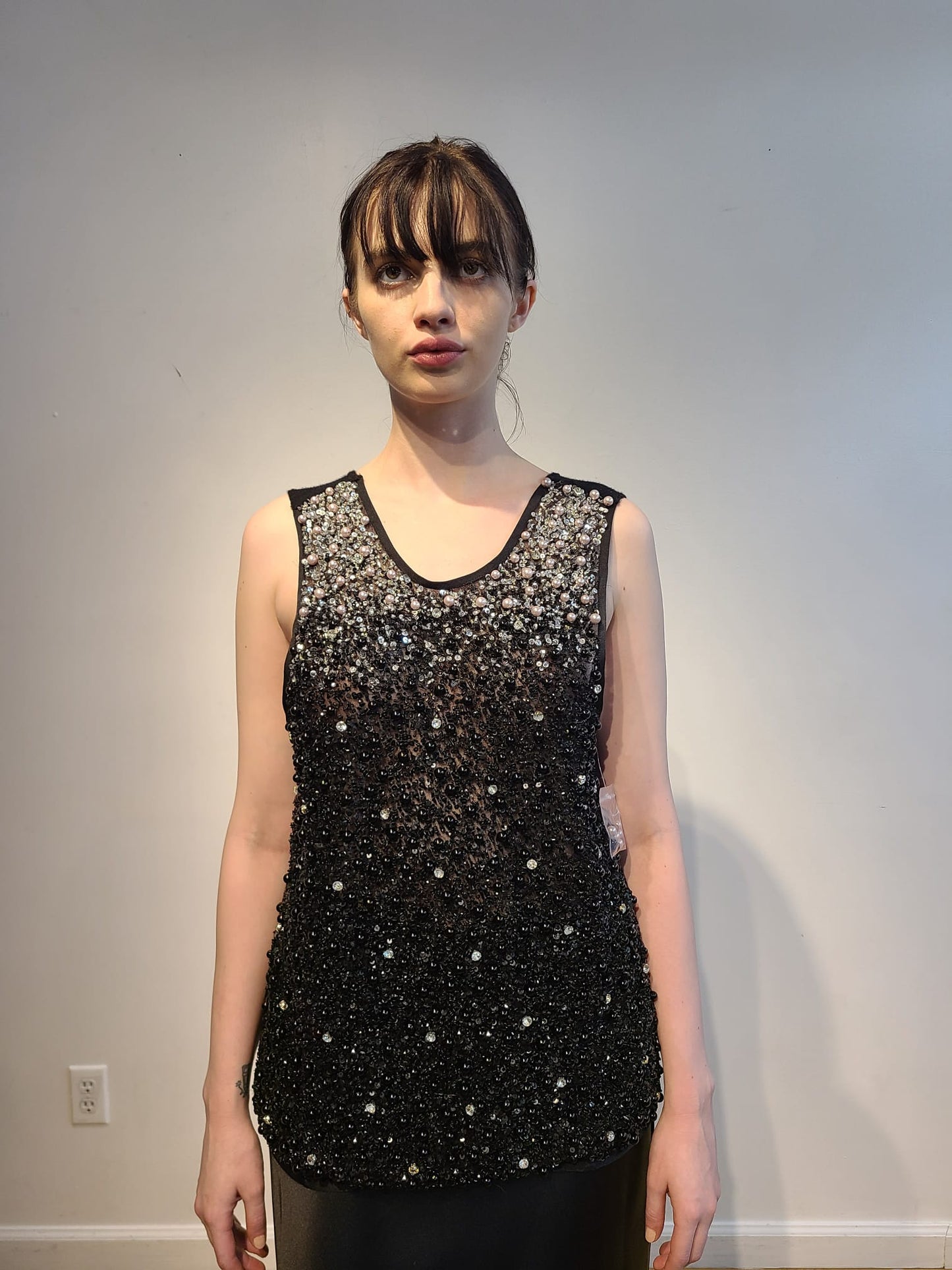 BLACK CASHMERE TANK WITH FRONT EMBELLISHED BLACK & PLATINUM PEARL BEADS & CRYSTALS ON BLACK TULLE & LINED WITH BLACK TULLE(SIZE XL)