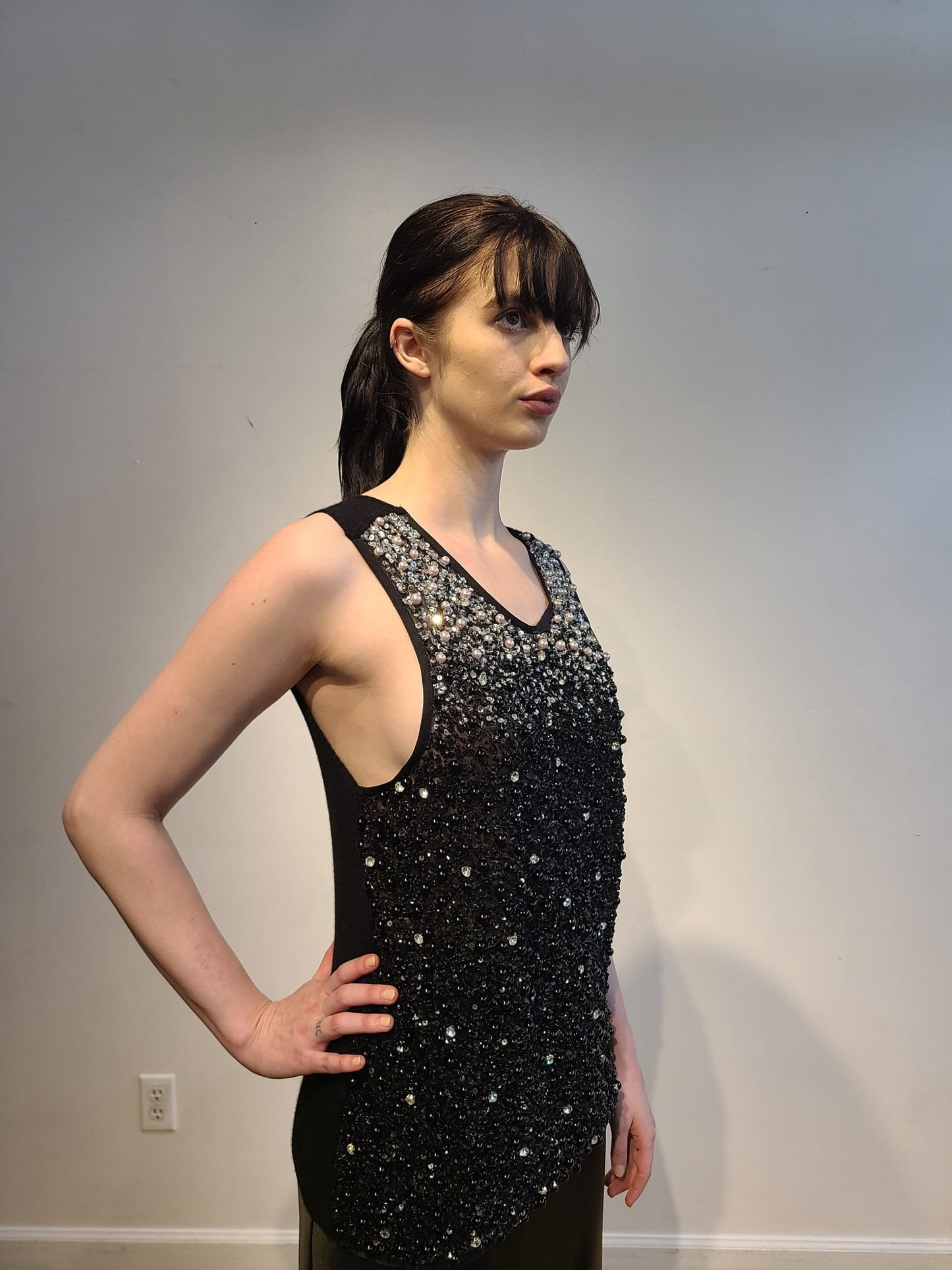 BLACK CASHMERE TANK WITH FRONT EMBELLISHED BLACK & PLATINUM PEARL BEADS & CRYSTALS ON BLACK TULLE & LINED WITH BLACK TULLE(SIZE XL)
