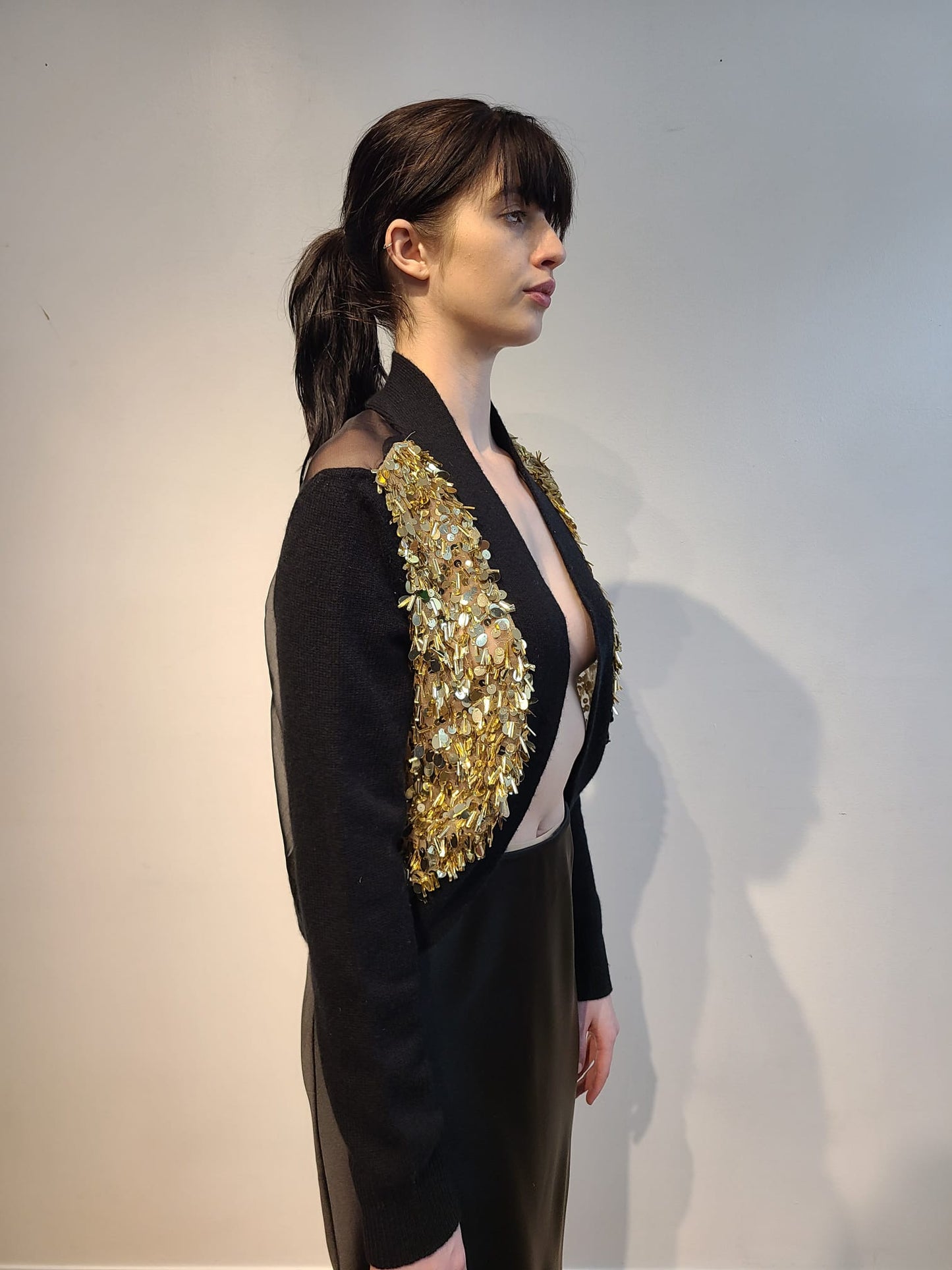 BLACK CASHMERE LONG SLEEVE BOLERO WITH & FRONT EMBELLISHED 3D GOLD TRINKETS ON NUDE TULE & AND SHEER BLACK SILK & ORGANZA BACK PANEL(SIZE M)