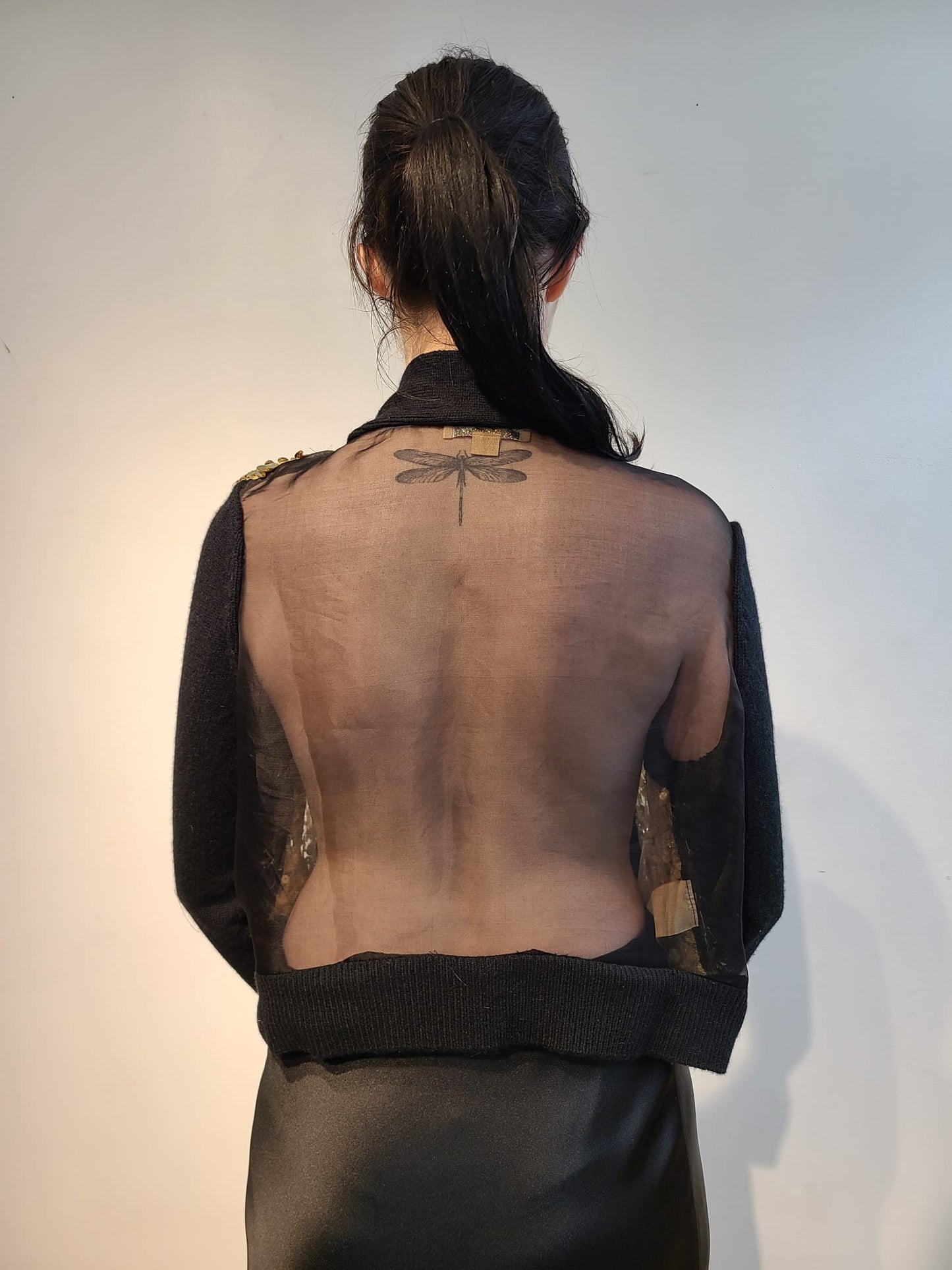 BLACK CASHMERE LONG SLEEVE BOLERO WITH & FRONT EMBELLISHED 3D GOLD TRINKETS ON NUDE TULE & AND SHEER BLACK SILK & ORGANZA BACK PANEL(SIZE M)