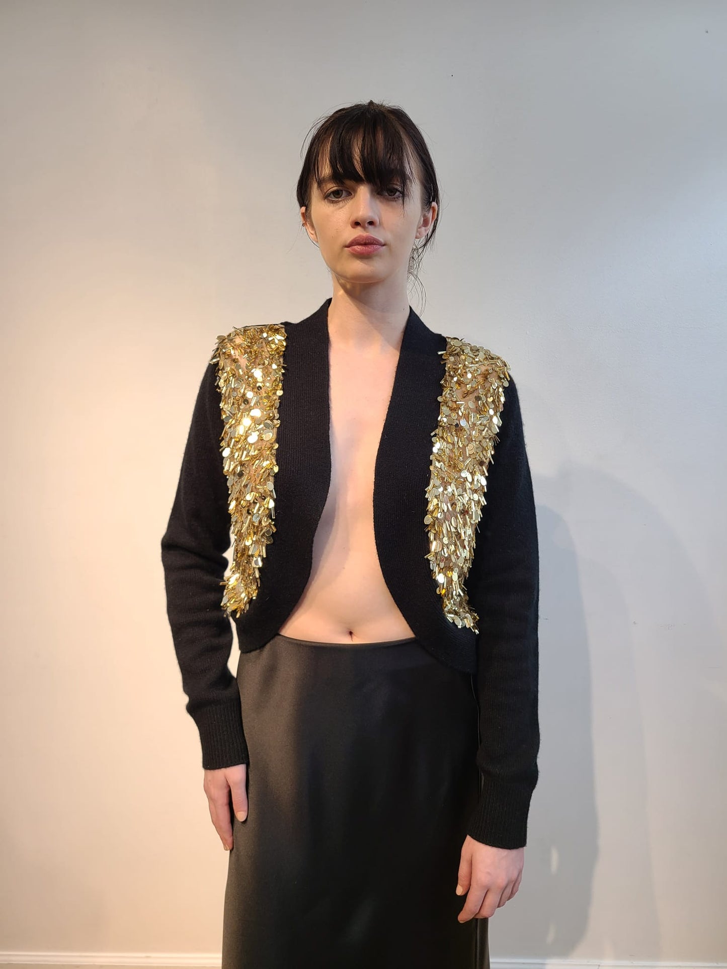 BLACK CASHMERE LONG SLEEVE BOLERO WITH & FRONT EMBELLISHED 3D GOLD TRINKETS ON NUDE TULE & AND SHEER BLACK SILK & ORGANZA BACK PANEL(SIZE M)