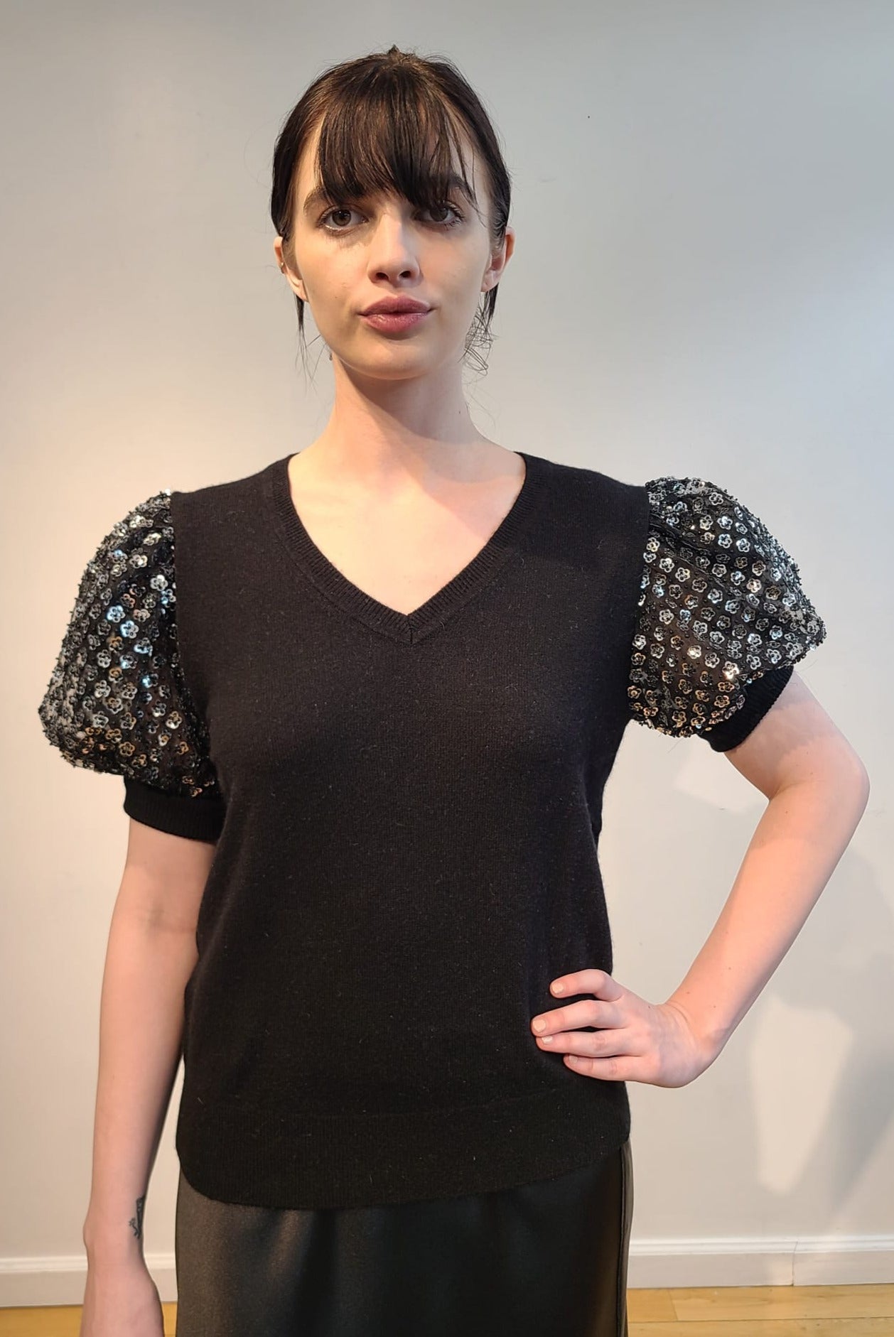 BLACK CASHMERE V NECK WITH PUFF SLEEVE EMBELLISHED SILVER MICRO SEQUIN FLOWERS & JET BEADS ON BLACK TULLE (SIZE S)