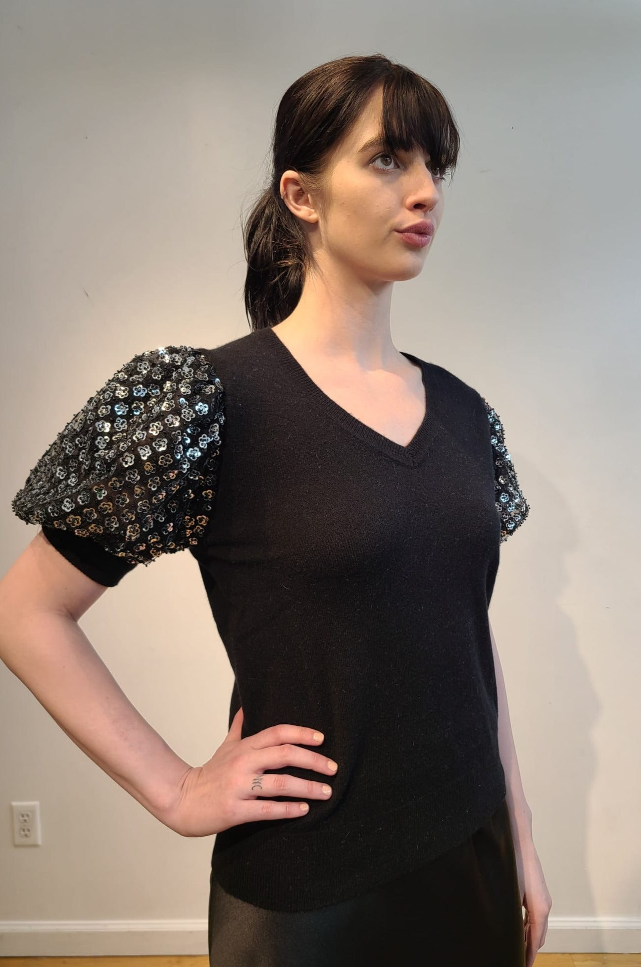 BLACK CASHMERE V NECK WITH PUFF SLEEVE EMBELLISHED SILVER MICRO SEQUIN FLOWERS & JET BEADS ON BLACK TULLE (SIZE S)