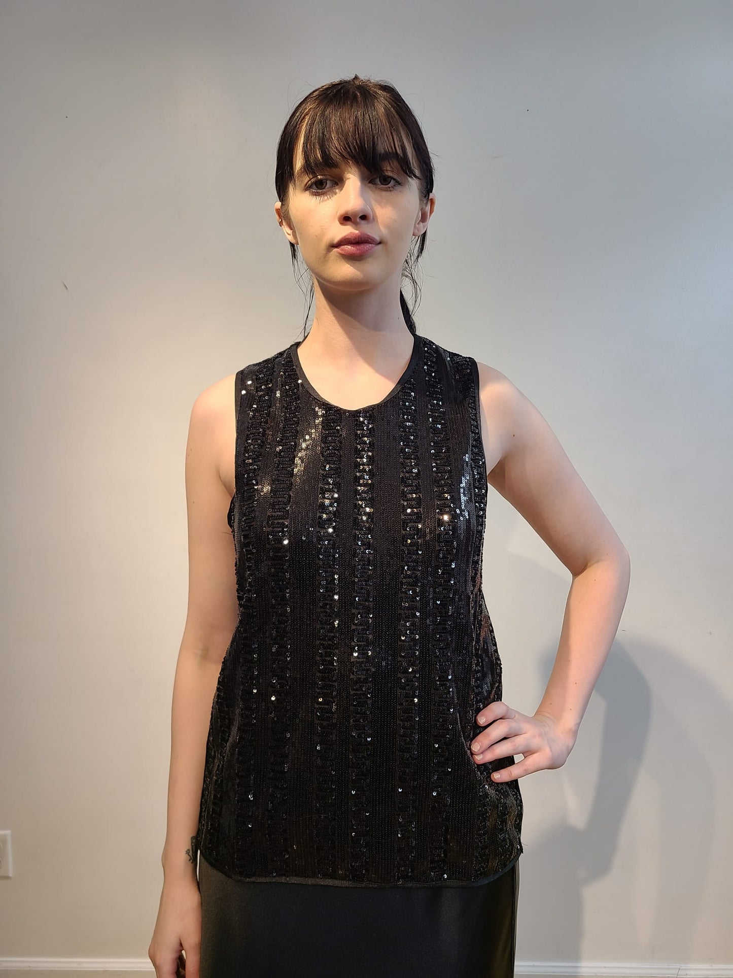 BLACK CASHMERE TANK WITH FRONT EMBELLISHED BLACK MICRO SEQUIN ANCIENT ROMAN MONOGRAM (SIZE XL)