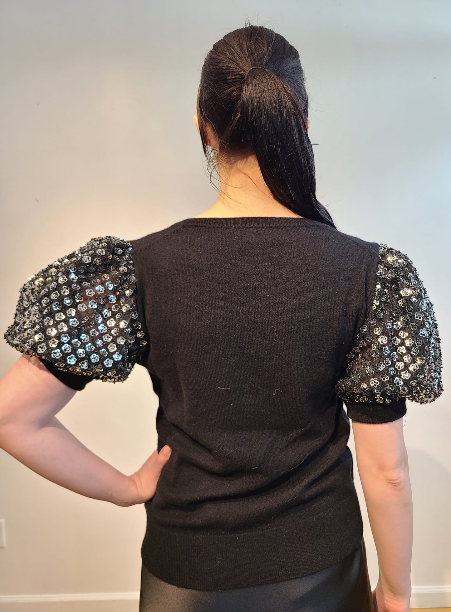 BLACK CASHMERE V NECK WITH PUFF SLEEVE EMBELLISHED SILVER MICRO SEQUIN FLOWERS & JET BEADS ON BLACK TULLE (SIZE S)