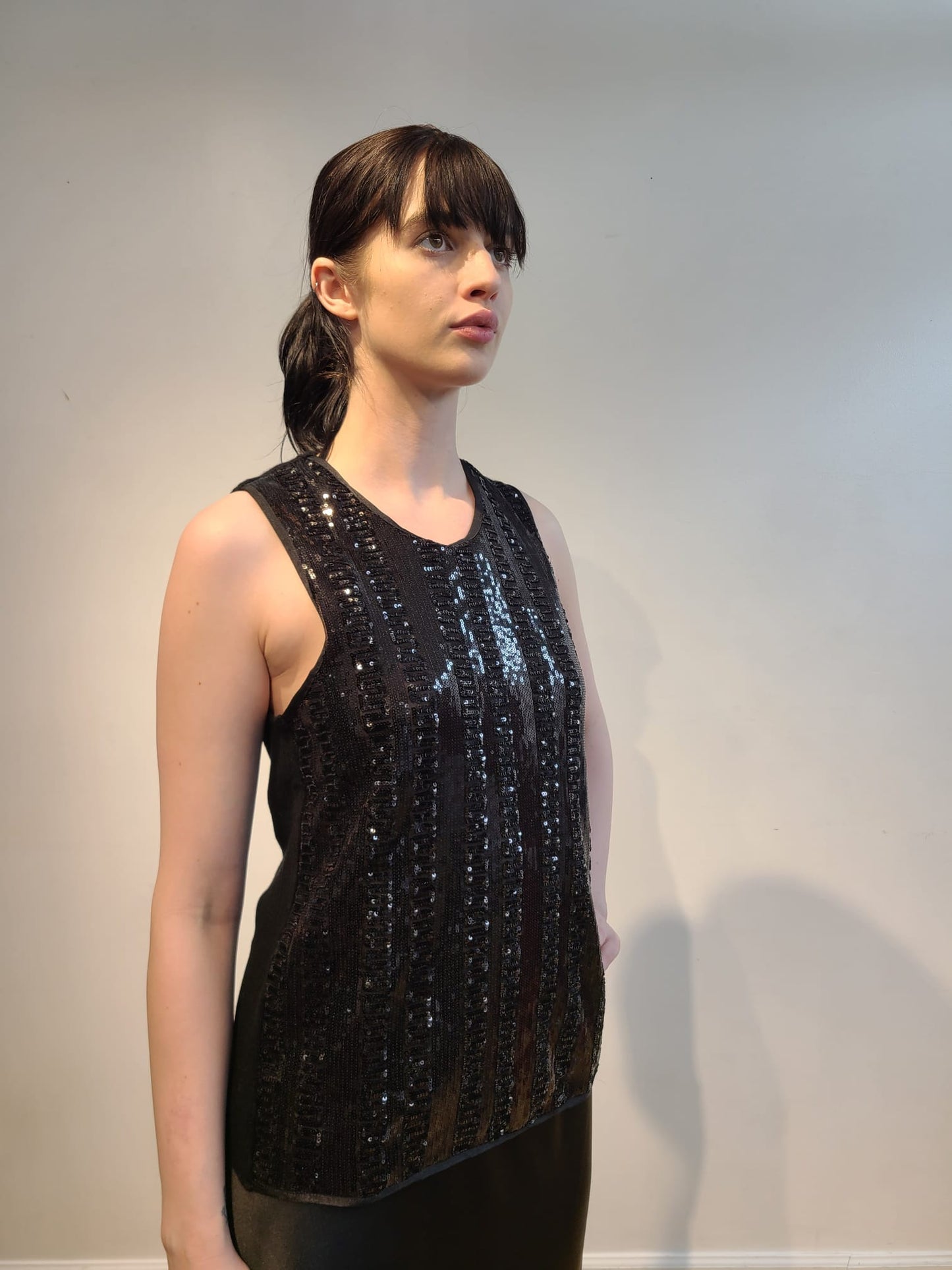 BLACK CASHMERE TANK WITH FRONT EMBELLISHED BLACK MICRO SEQUIN ANCIENT ROMAN MONOGRAM (SIZE XL)