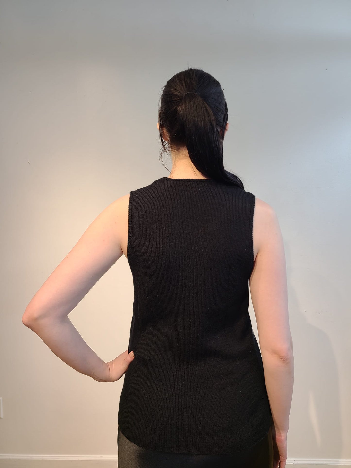 BLACK CASHMERE TANK WITH FRONT EMBELLISHED BLACK MICRO SEQUIN ANCIENT ROMAN MONOGRAM (SIZE XL)
