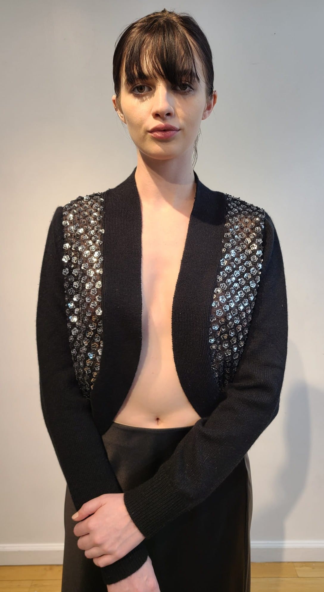 BLACK CASHMERE LONG SLEEVE BOLERO WITH FRONT & BACK EMBELLISHED SILVER MICRO SEQUIN FLOWERS & JET BEADS ON BLACK TULLE (SIZE M)
