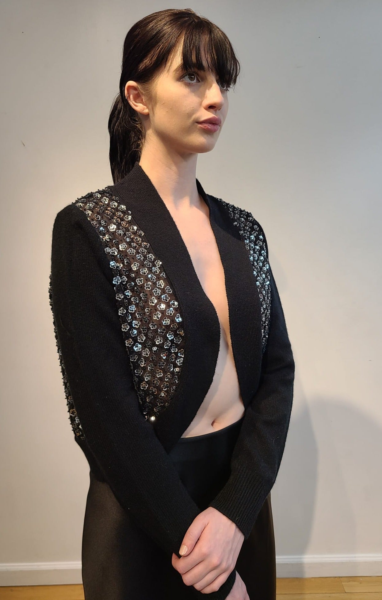 BLACK CASHMERE LONG SLEEVE BOLERO WITH FRONT & BACK EMBELLISHED SILVER MICRO SEQUIN FLOWERS & JET BEADS ON BLACK TULLE (SIZE M)