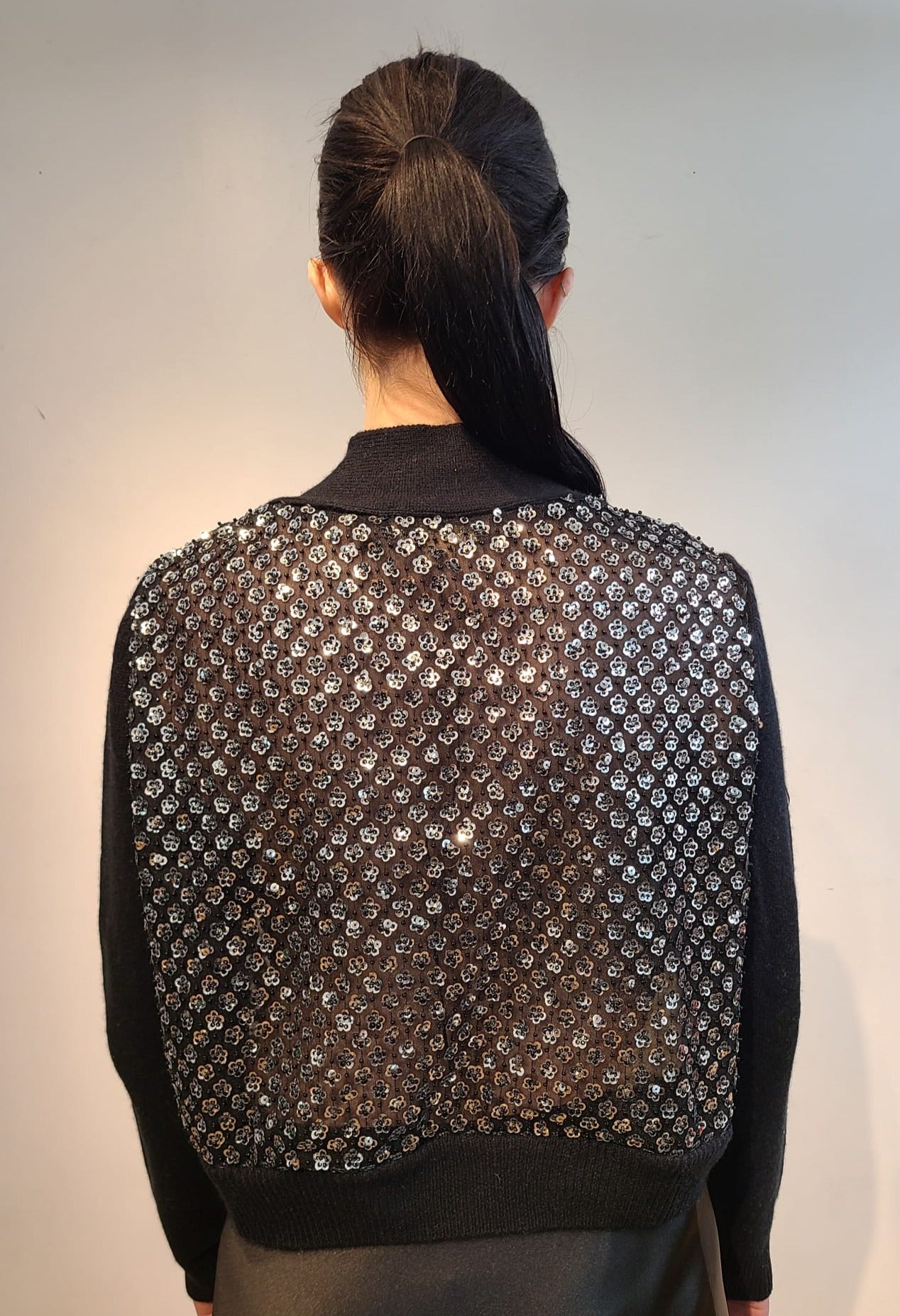 BLACK CASHMERE LONG SLEEVE BOLERO WITH FRONT & BACK EMBELLISHED SILVER MICRO SEQUIN FLOWERS & JET BEADS ON BLACK TULLE (SIZE M)