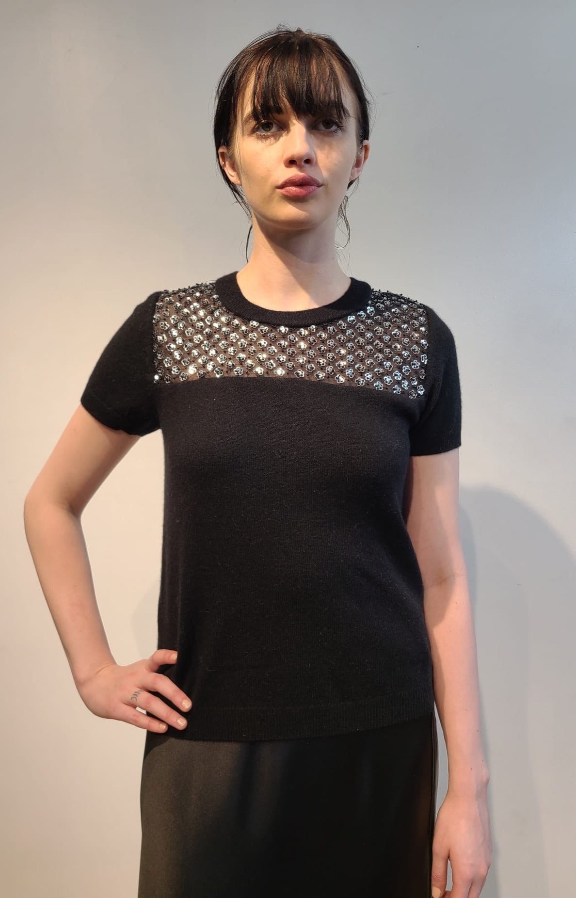 BLACK CASHMERE T SHIRT WITH PEEKABOO FRONT & BACK EMBELLISHED SILVER MICRO SEQUIN FLOWERS & JET BEADS ON BLACK TULLE (SIZE M)