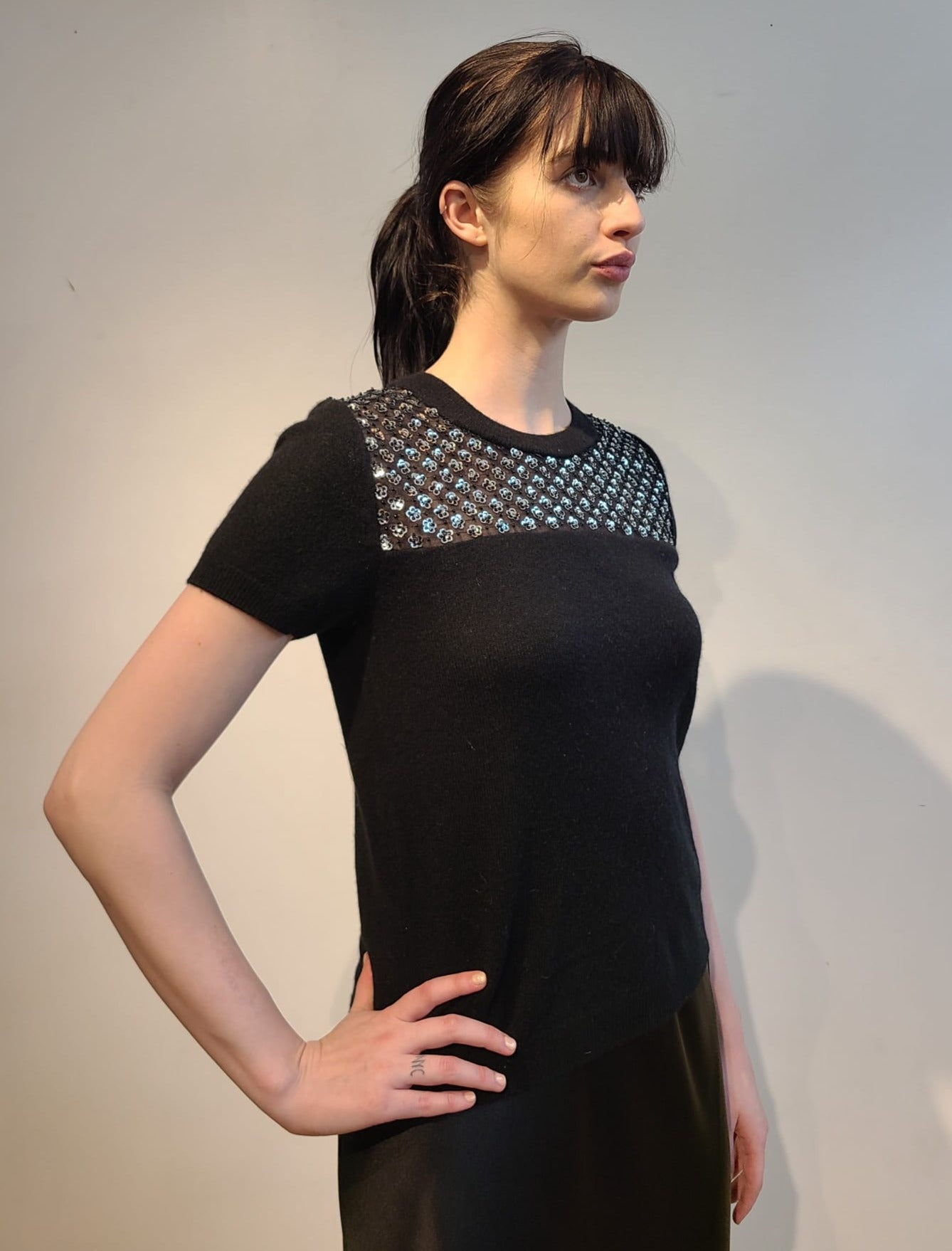 BLACK CASHMERE T SHIRT WITH PEEKABOO FRONT & BACK EMBELLISHED SILVER MICRO SEQUIN FLOWERS & JET BEADS ON BLACK TULLE (SIZE M)