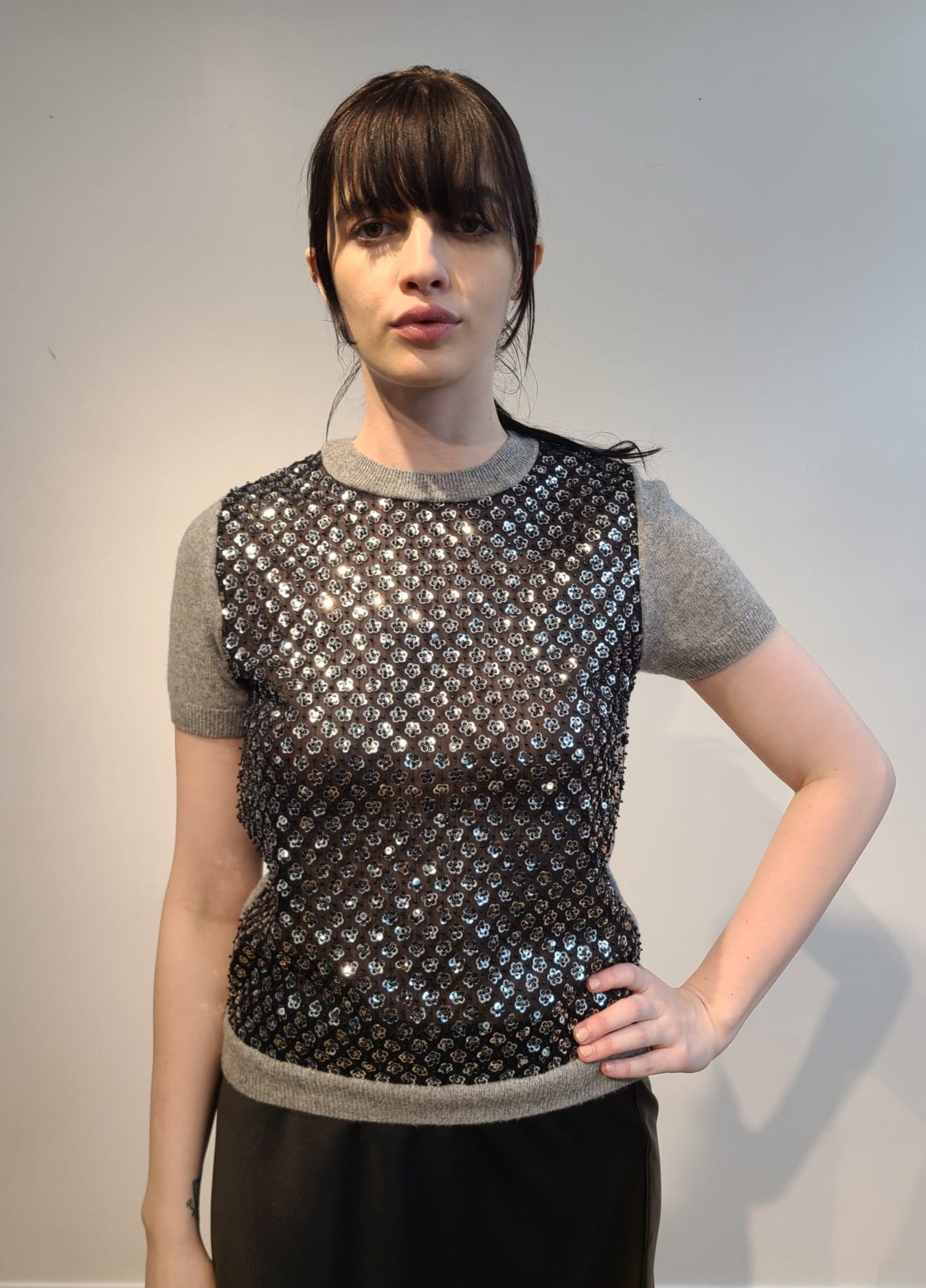 GREY CASHMERE CREW NECK WITH FRONT EMBELLISHED SILVER MICRO SEQUIN FLOWERS & JET BEADS ON BLACK TULLE (SIZE S)
