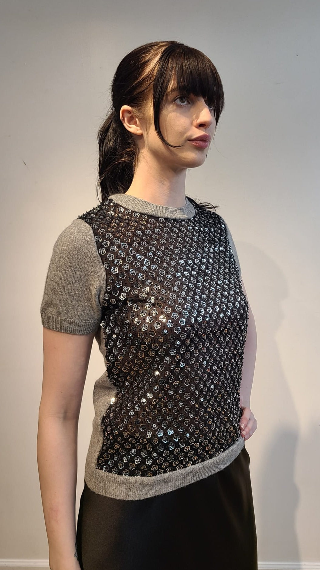 GREY CASHMERE CREW NECK WITH FRONT EMBELLISHED SILVER MICRO SEQUIN FLOWERS & JET BEADS ON BLACK TULLE (SIZE S)