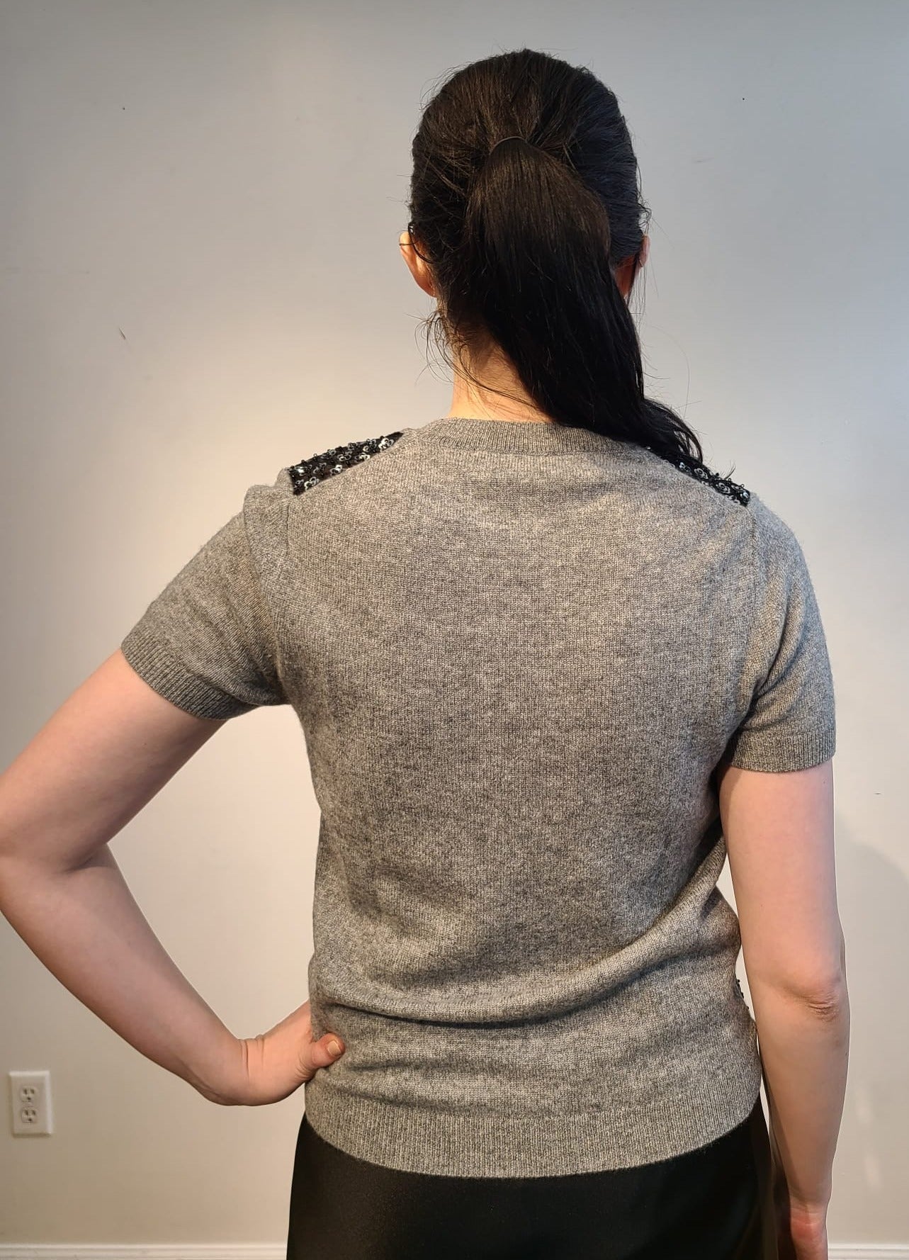 GREY CASHMERE CREW NECK WITH FRONT EMBELLISHED SILVER MICRO SEQUIN FLOWERS & JET BEADS ON BLACK TULLE (SIZE S)