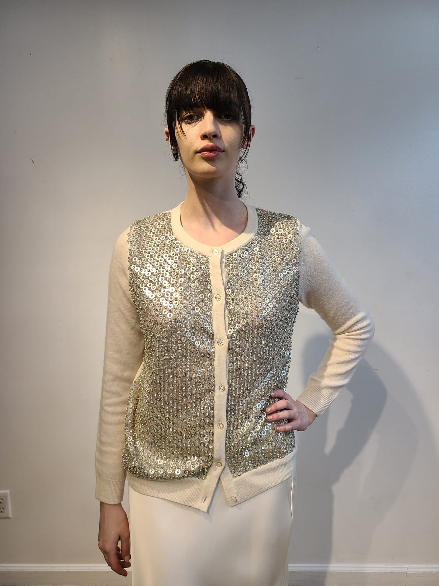 WHITE CASHMERE LONG SLEEVE BUTTON FRONT CARDIGAN WITH FRONT EMBELLISHED FUTURISTIC SILVER DISCS & CRYSTAL BEADS ON DOVE GRAY TULLE(SIZE S)
