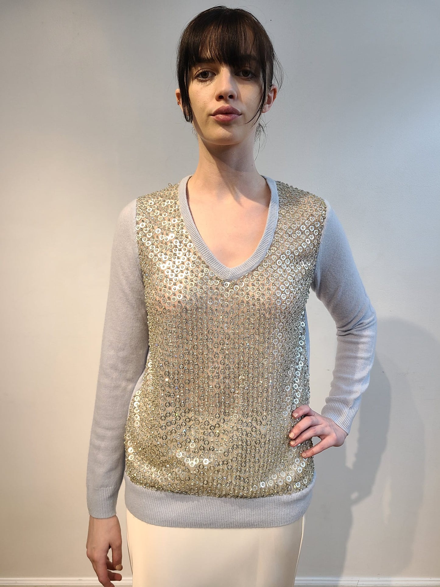 BABY BLUE CASHMERE V NECK LONG SLEEVE WITH FRONT EMBELLISHED FUTURISTIC SILVER DISCS & CRYSTAL BEADS ON DOVE GRAY TULLE (SIZE M)