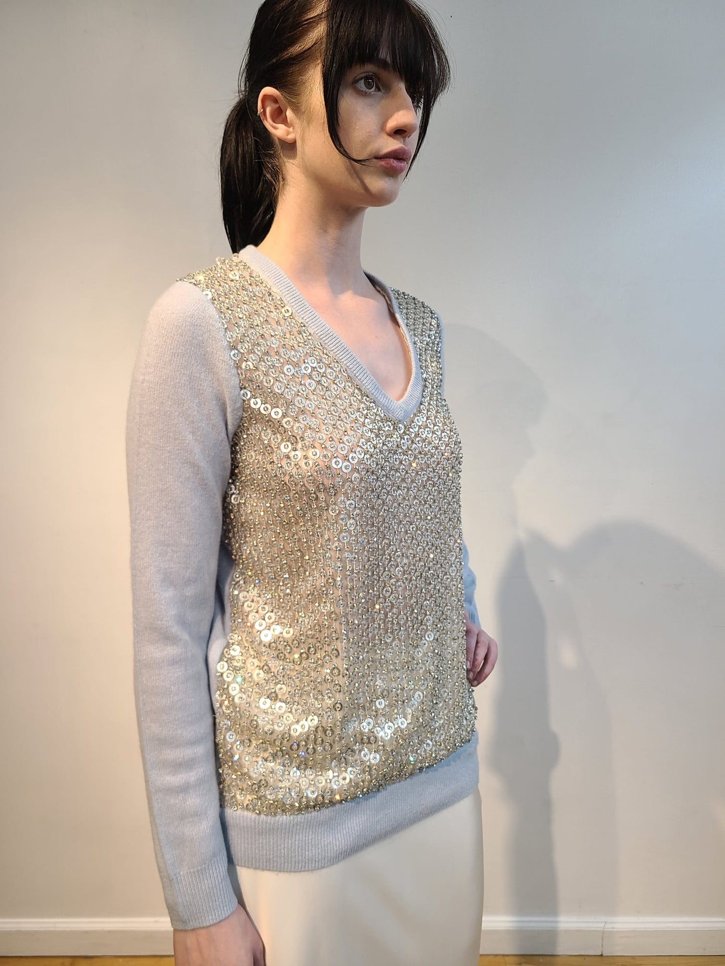 BABY BLUE CASHMERE V NECK LONG SLEEVE WITH FRONT EMBELLISHED FUTURISTIC SILVER DISCS & CRYSTAL BEADS ON DOVE GRAY TULLE (SIZE M)