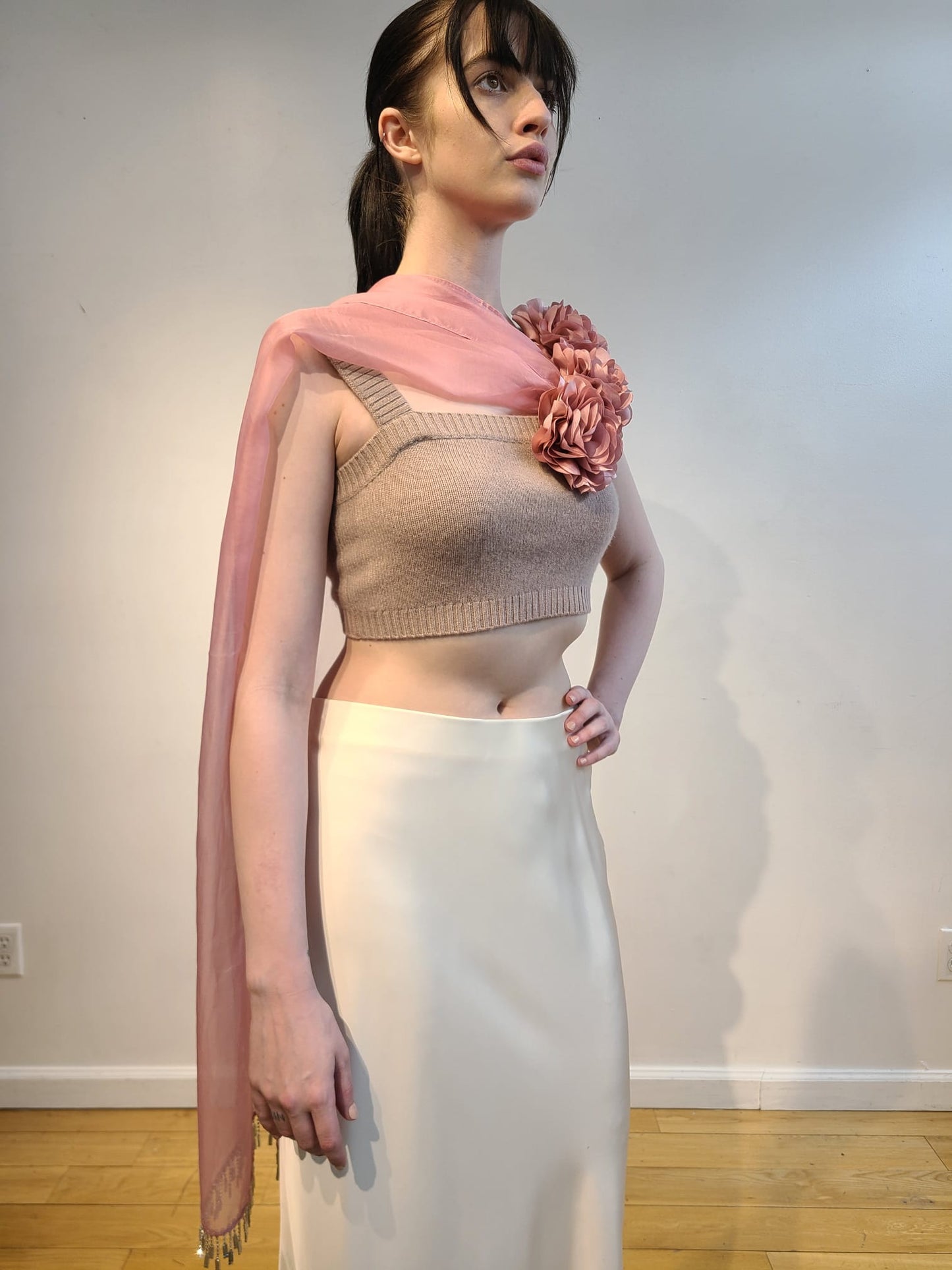 NUDE CASHMERE V NECK CROP TOP WITH SILK CHIFFON HI LO CAPE WITH 3D FEATHER FLOWERS & CRYSTAL BEADED FRINGE(SIZE M)