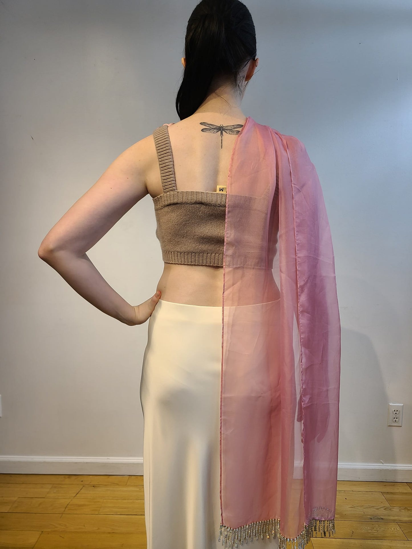 NUDE CASHMERE V NECK CROP TOP WITH SILK CHIFFON HI LO CAPE WITH 3D FEATHER FLOWERS & CRYSTAL BEADED FRINGE(SIZE M)