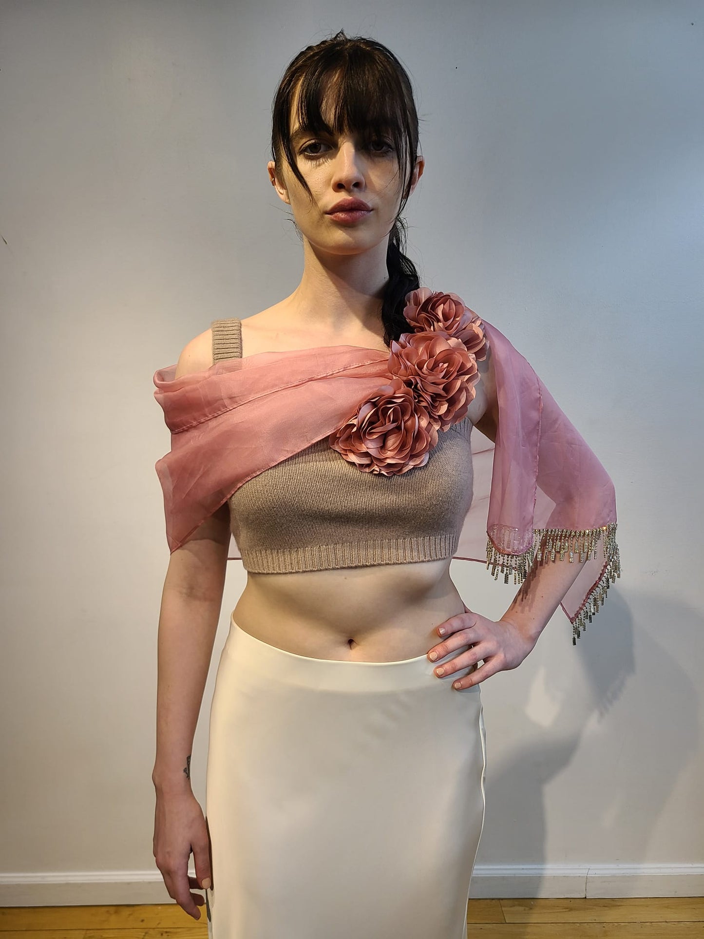 NUDE CASHMERE V NECK CROP TOP WITH SILK CHIFFON HI LO CAPE WITH 3D FEATHER FLOWERS & CRYSTAL BEADED FRINGE(SIZE M)