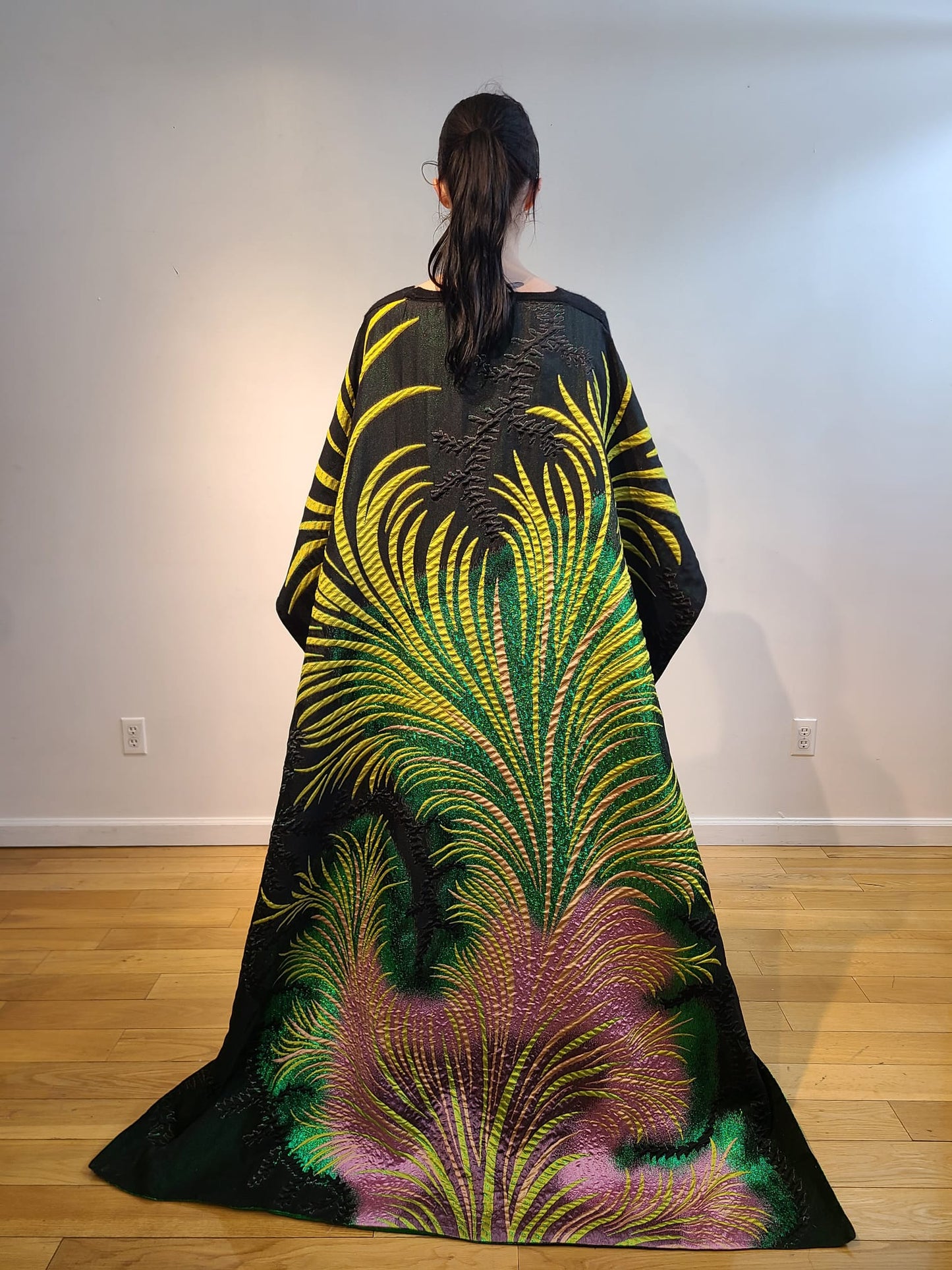 BLACK CASHMERE V NECK LONG SLEEVE WITH PINK & GREEN MIDDLE EASTERN PALM PRINT CAPE WITH METALLIC GREEN LINING (SIZE M)