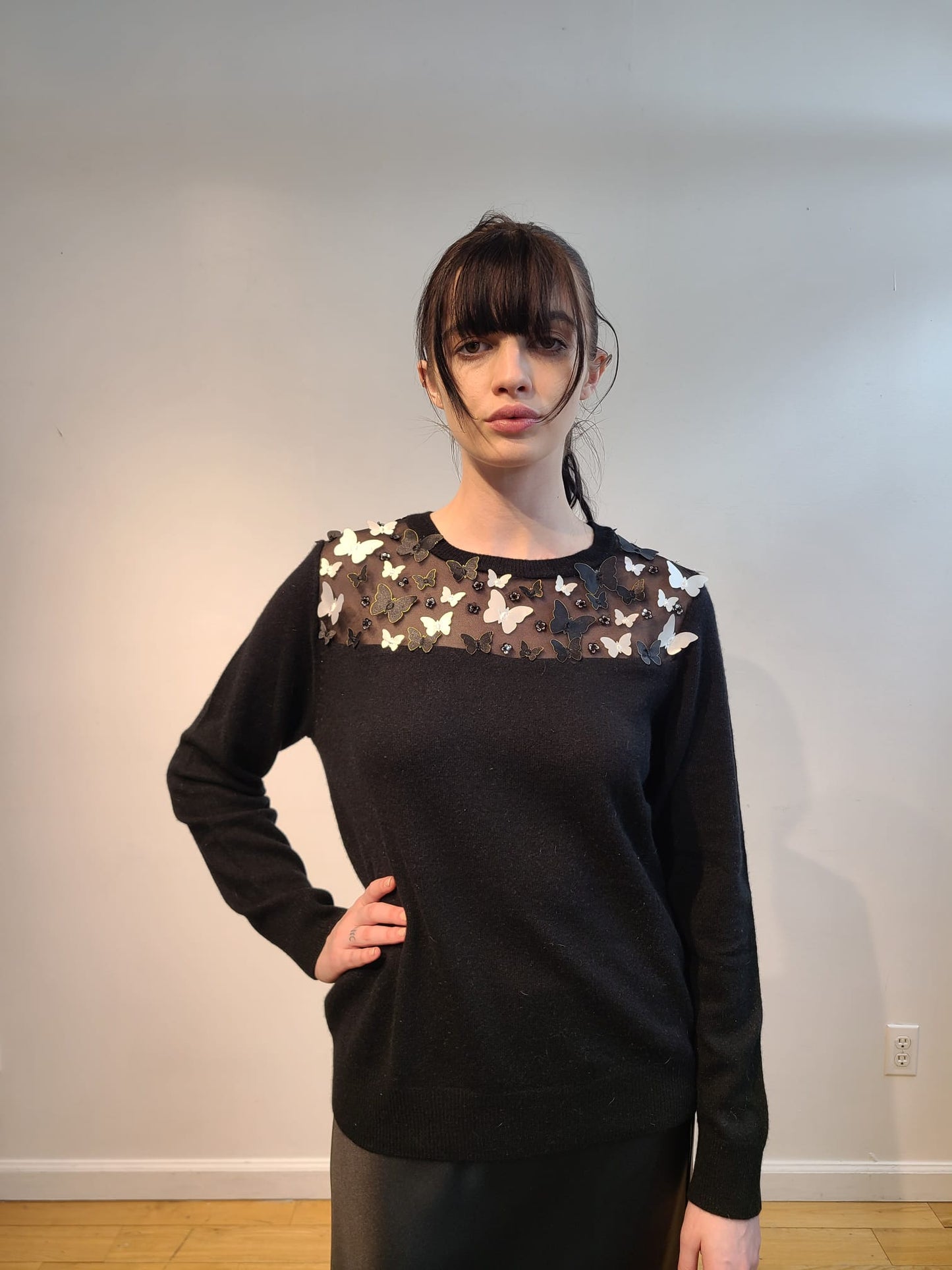 BLACK CASHMERE CREW NECK WITH PEEKABOO EMBELLISHED FRONT & BACK OF RAINING CRYSTALS & BLACK & WHITE 3D BUTTERFLIES WITH GOLD TRIM FLYING FREE (SIZE L)