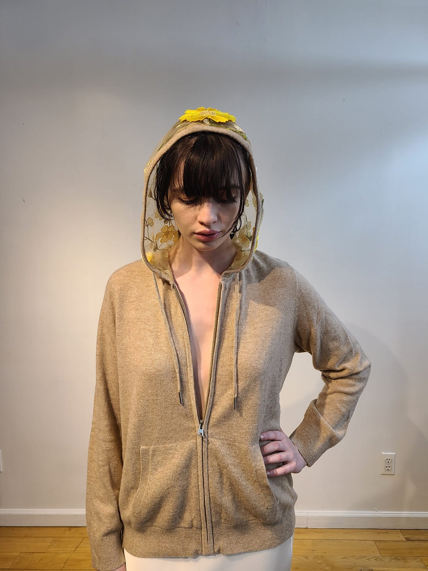 OATMEAL CASHMERE HOODIE WITH BACK HOOD WITH BUTTERCUP YELLOW, PALE PINK AND CREAM FLOWERS WITH GORGEOUS GREEN VINES EMBELLISHED ON NUDE TULLE (SIZE M)
