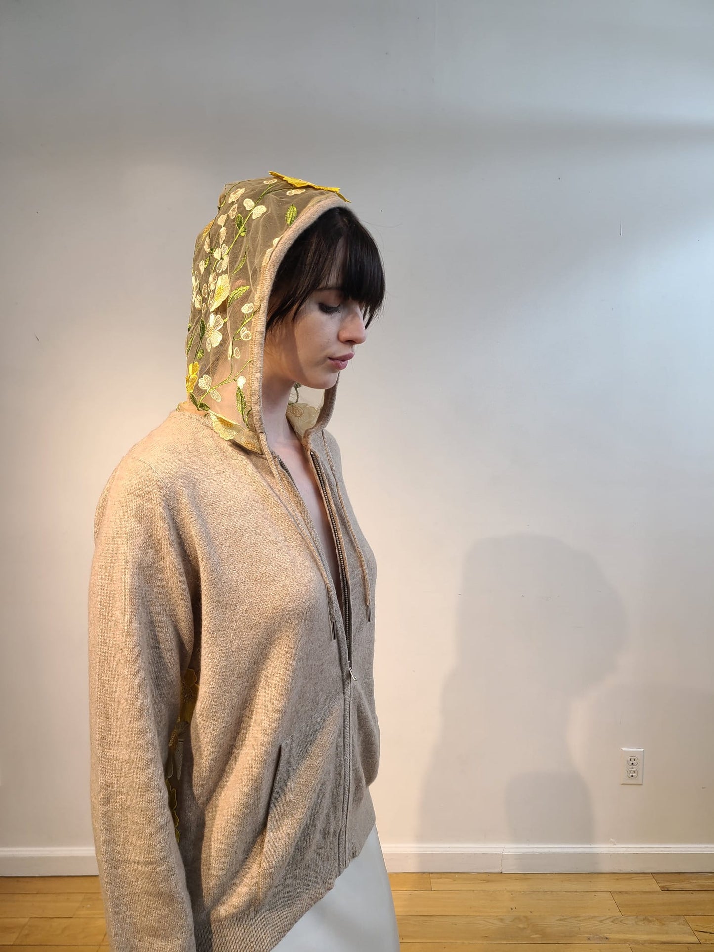 OATMEAL CASHMERE HOODIE WITH BACK HOOD WITH BUTTERCUP YELLOW, PALE PINK AND CREAM FLOWERS WITH GORGEOUS GREEN VINES EMBELLISHED ON NUDE TULLE (SIZE M)