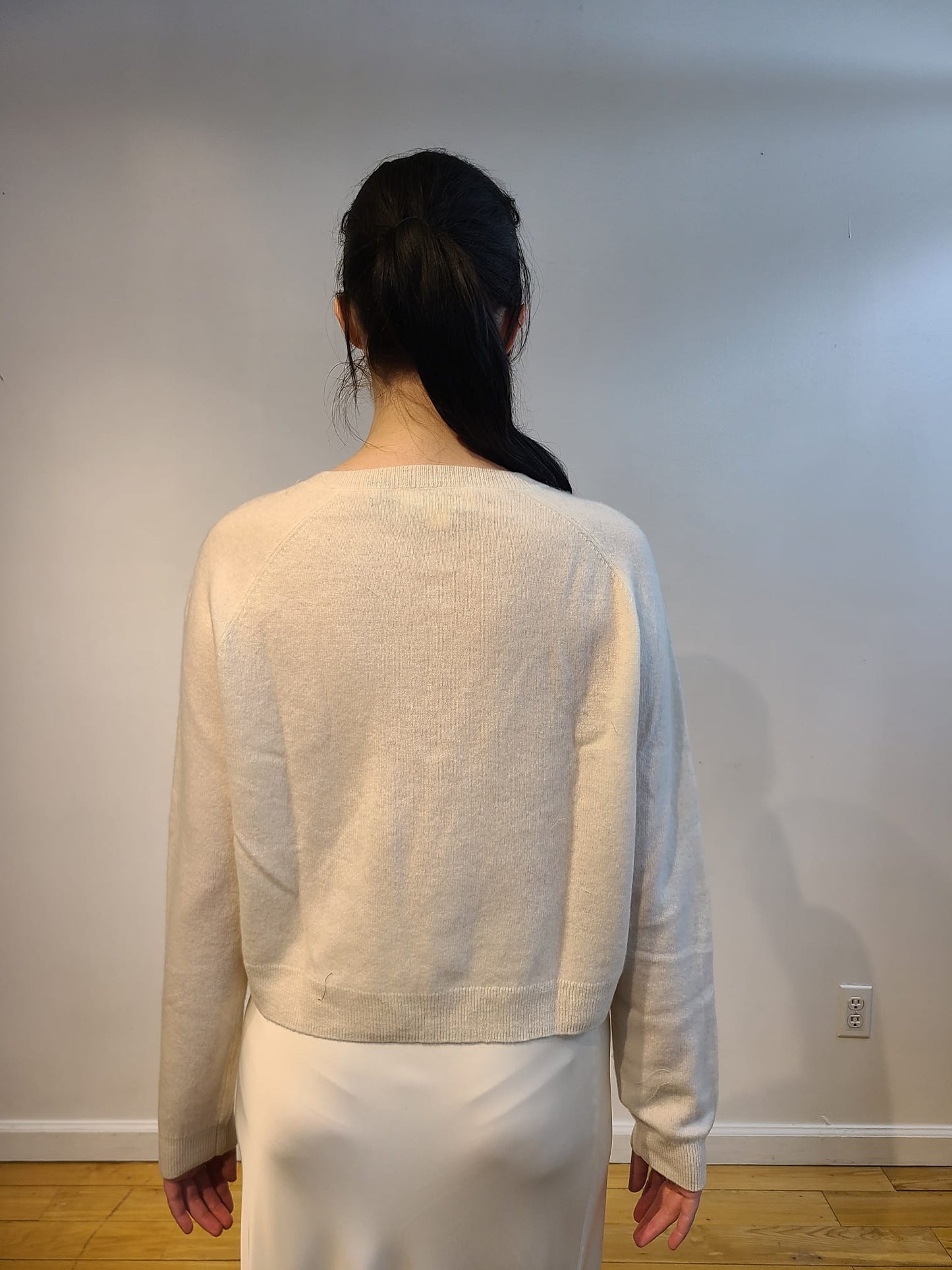 IVORY CASHMERE CROPPED CARDIGAN WITH FRONT BUTTERCUP YELLOW, PALE PINK AND CREAM FLOWERS WITH GORGEOUS GREEN VINES EMBELLISHED ON NUDE TULLE (SIZE L)