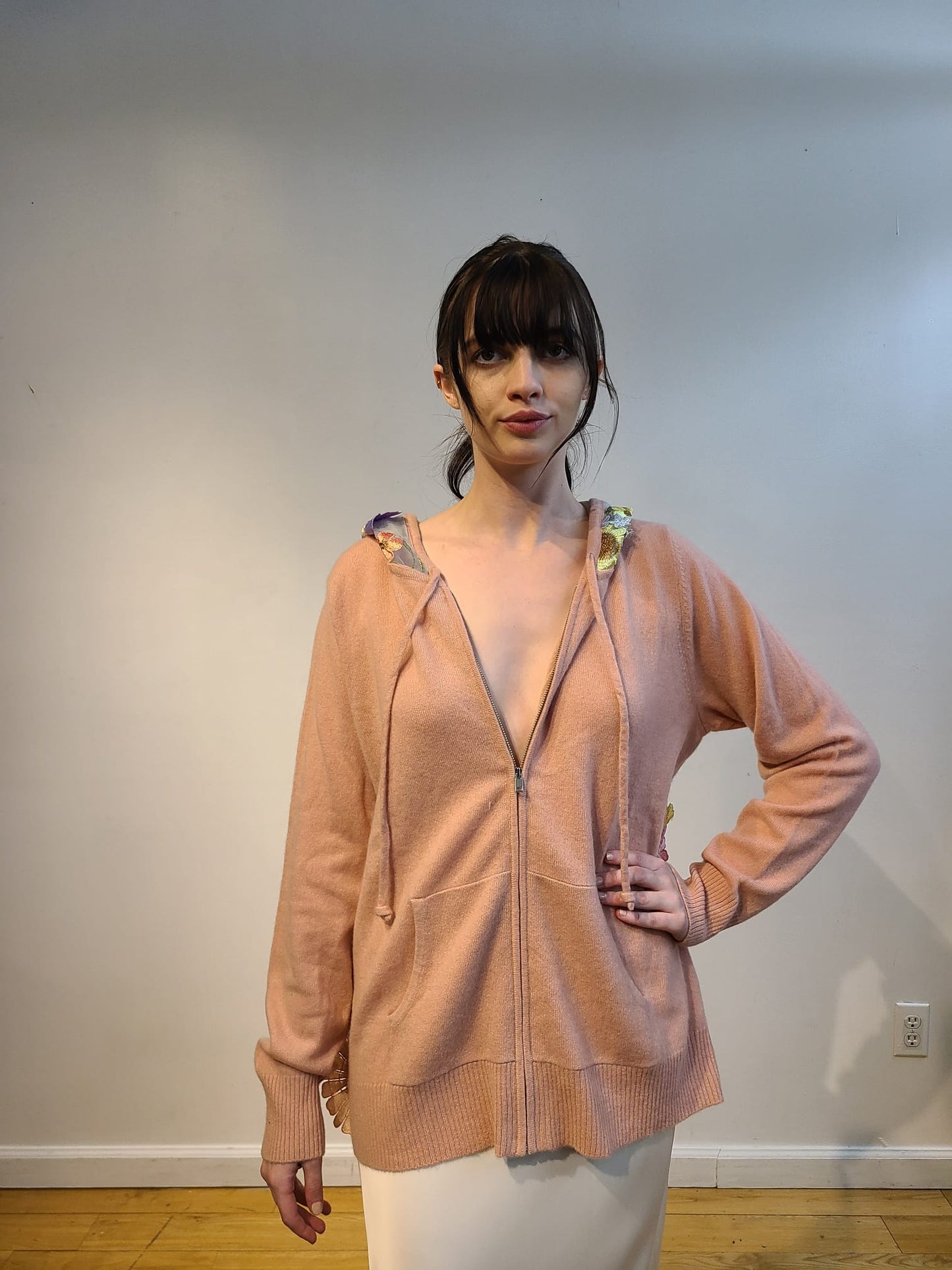PINK CASHMERE HOODIE WITH BACK & HOOD EMBELLISHED WITH PINK/ CORAL/ YELLOW AND LAVENDER FLOWERS ON BABY BLUE TULLE (SIZE XL)