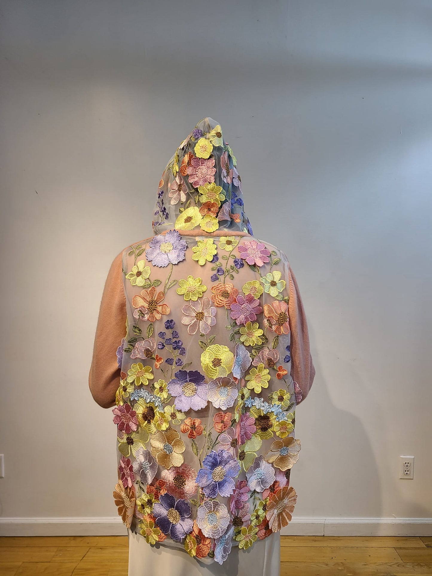PINK CASHMERE HOODIE WITH BACK & HOOD EMBELLISHED WITH PINK/ CORAL/ YELLOW AND LAVENDER FLOWERS ON BABY BLUE TULLE (SIZE XL)