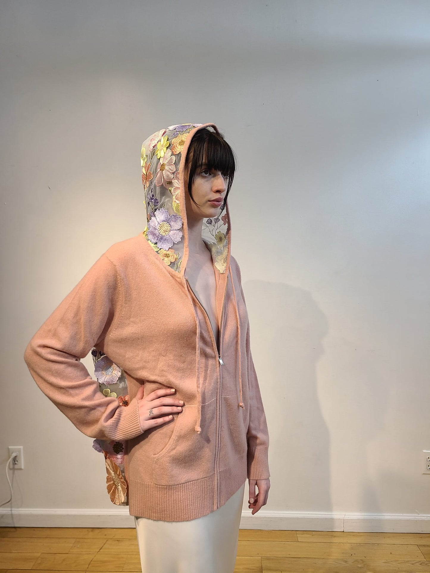 PINK CASHMERE HOODIE WITH BACK & HOOD EMBELLISHED WITH PINK/ CORAL/ YELLOW AND LAVENDER FLOWERS ON BABY BLUE TULLE (SIZE XL)