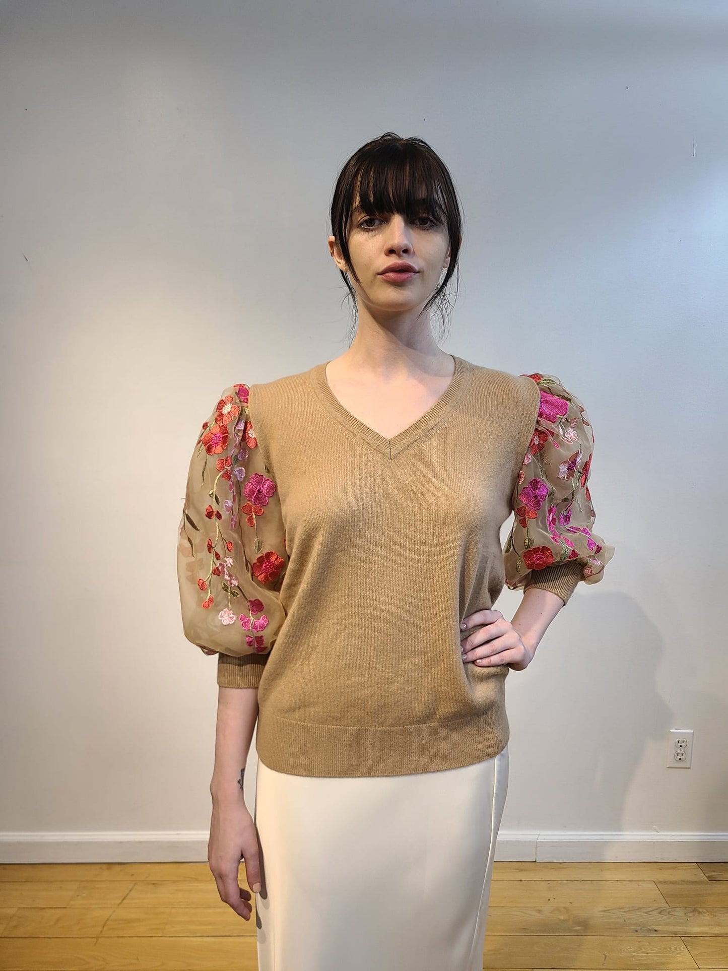 NUDE CASHMERE V NECK WITH PUFF SLEEVE EMBELLISHED BARBIE PINK, PEONIES PINK & RED HOT FLOWERS WITH GORGEOUS GREEN VINES ON NUDE TULLE (SIZE M)