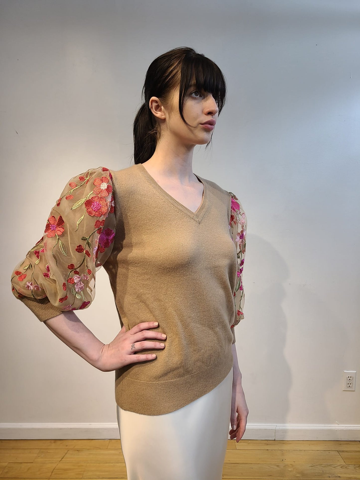 NUDE CASHMERE V NECK WITH PUFF SLEEVE EMBELLISHED BARBIE PINK, PEONIES PINK & RED HOT FLOWERS WITH GORGEOUS GREEN VINES ON NUDE TULLE (SIZE M)