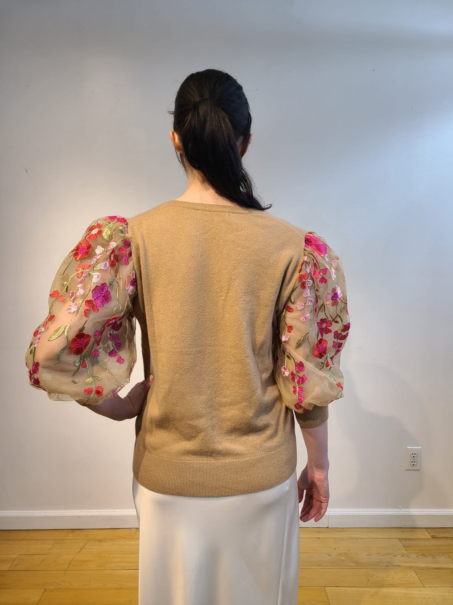 NUDE CASHMERE V NECK WITH PUFF SLEEVE EMBELLISHED BARBIE PINK, PEONIES PINK & RED HOT FLOWERS WITH GORGEOUS GREEN VINES ON NUDE TULLE (SIZE M)