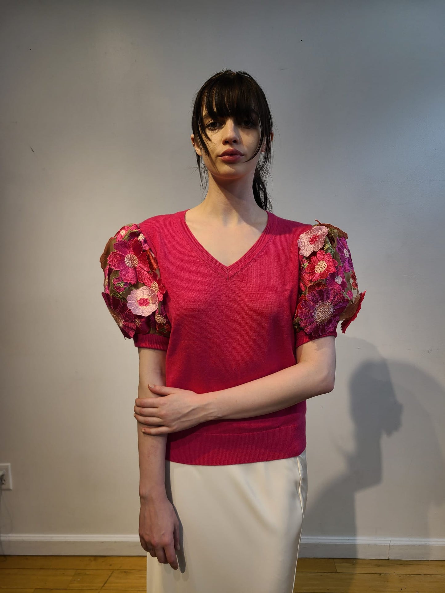 PINK CASHMERE V NECK WITH FRONT EMBELLISHED BARBIE PINK, PEONIES PINK & RED HOT FLOWERS WITH GORGEOUS GREEN VINES ON NUDE TULLE (SIZE M)