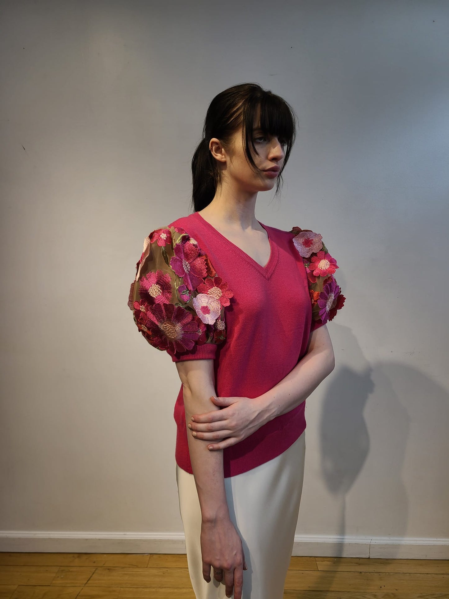 PINK CASHMERE V NECK WITH FRONT EMBELLISHED BARBIE PINK, PEONIES PINK & RED HOT FLOWERS WITH GORGEOUS GREEN VINES ON NUDE TULLE (SIZE M)