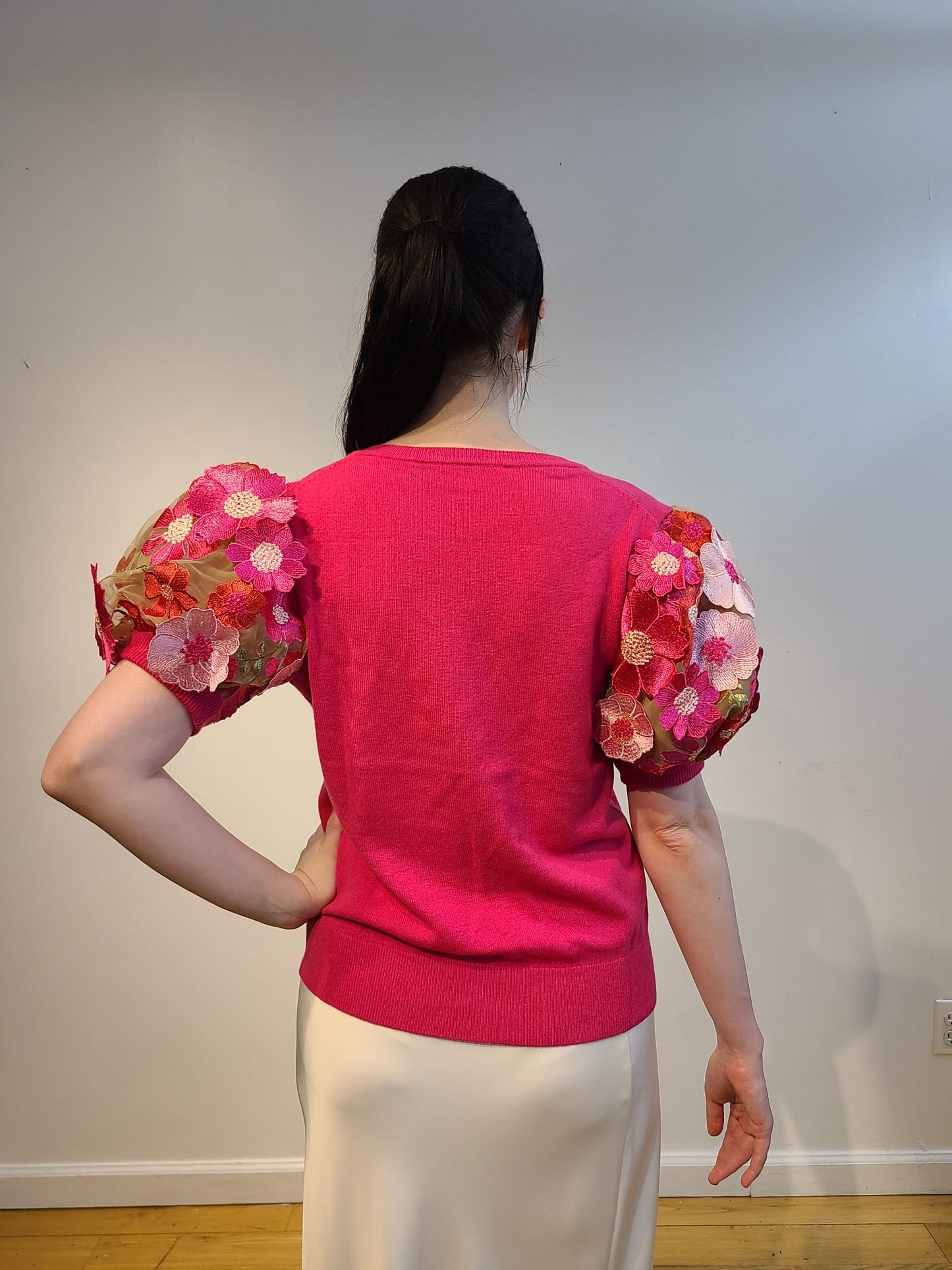 PINK CASHMERE V NECK WITH FRONT EMBELLISHED BARBIE PINK, PEONIES PINK & RED HOT FLOWERS WITH GORGEOUS GREEN VINES ON NUDE TULLE (SIZE M)