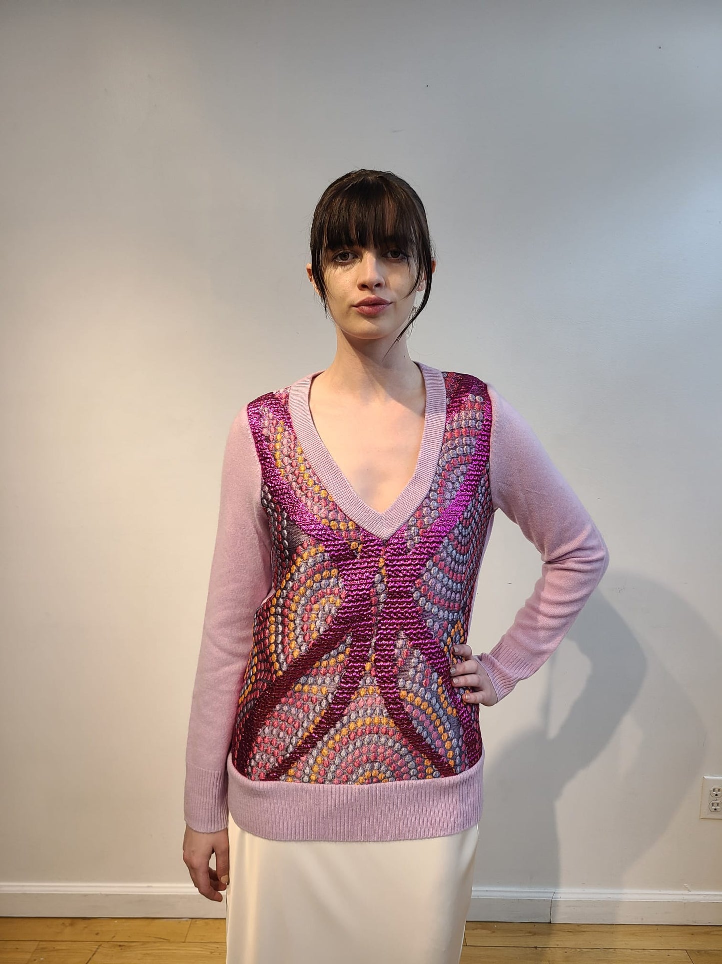 LAVENDER CASHMERE LONG SLEEVE V NECK WITH FRONT EMBELLISHED METALLIC RASPBERRY & PASTEL PSYCHEDELIC PRINT & LINED WITH BABY BLUE TULLE (SIZE M)