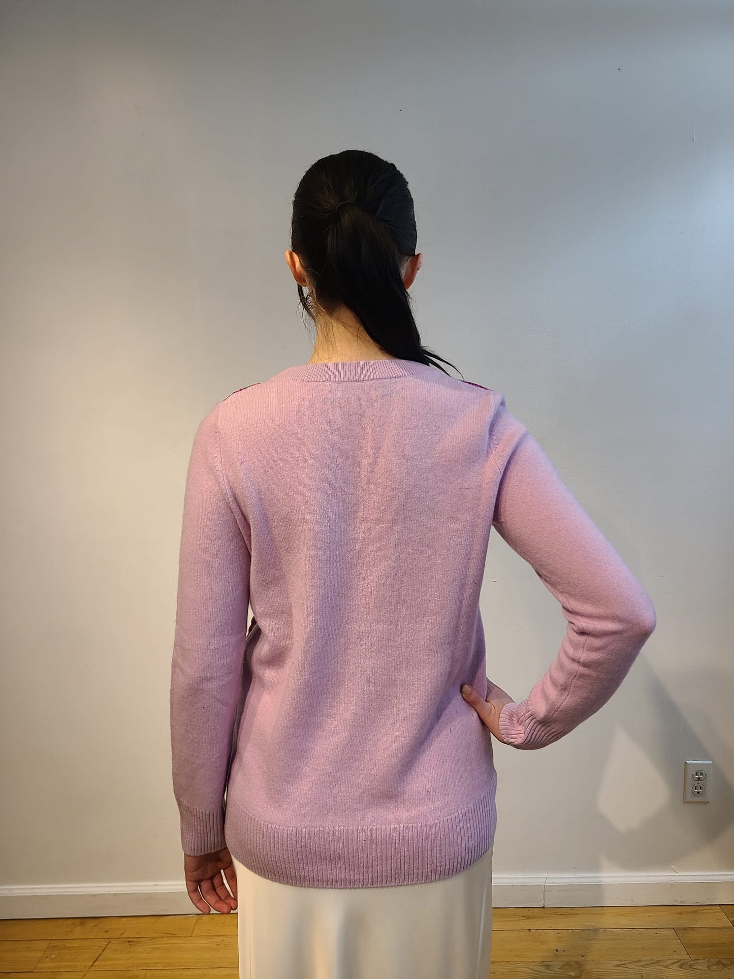 LAVENDER CASHMERE LONG SLEEVE V NECK WITH FRONT EMBELLISHED METALLIC RASPBERRY & PASTEL PSYCHEDELIC PRINT & LINED WITH BABY BLUE TULLE (SIZE M)
