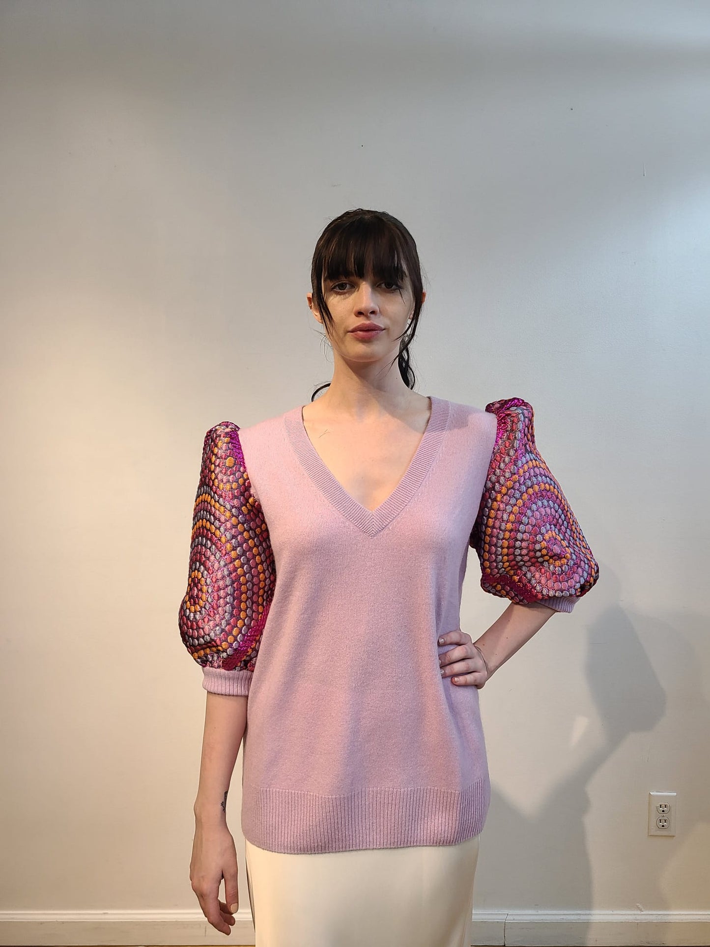 LAVENDER CASHMERE V NECK WITH ¾ PUFF SLEEVE EMBELLISHED METALLIC RASPBERRY & PASTEL PSYCHEDELIC PRINT & LINED WITH BABY BLUE TULLE(SIZE XL)