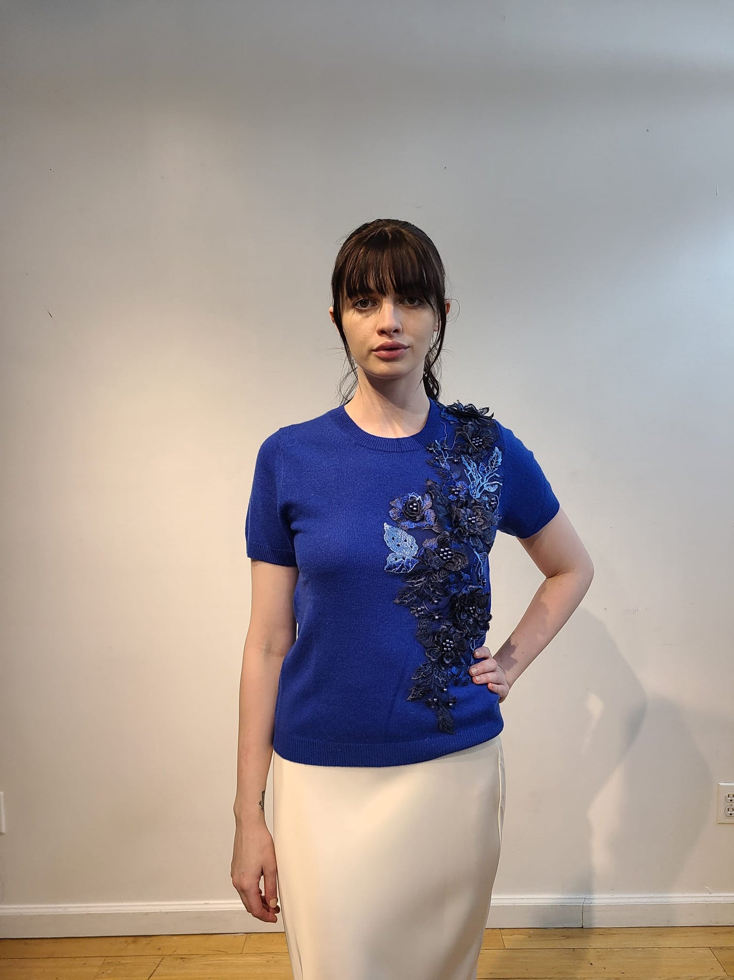CERULEAN BLUE CASHMERE V NECK WITH FRONT NAVY, CARDINAL & BABY BLUE 3D FLOWERS & BEADING EMBELLISHED ON NAVY ORGANZA (SIZE M)