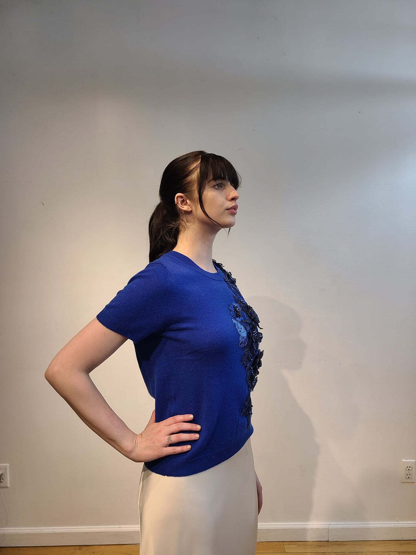 CERULEAN BLUE CASHMERE V NECK WITH FRONT NAVY, CARDINAL & BABY BLUE 3D FLOWERS & BEADING EMBELLISHED ON NAVY ORGANZA (SIZE M)