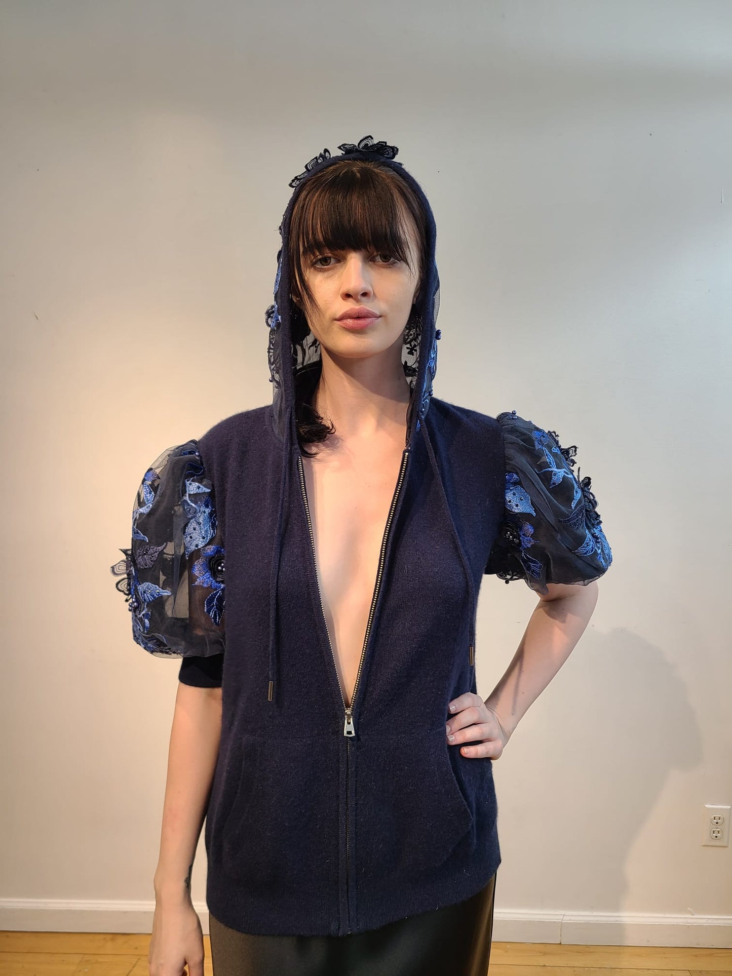 NAVY CASHMERE HOODIE WITH ¾ PUFF SLEEVE & HOOD EMBELLISHED NAVY & CARDINAL BLUE 3D FLOWERS & BEADING ON NAVY ORGANZA (SIZE L)