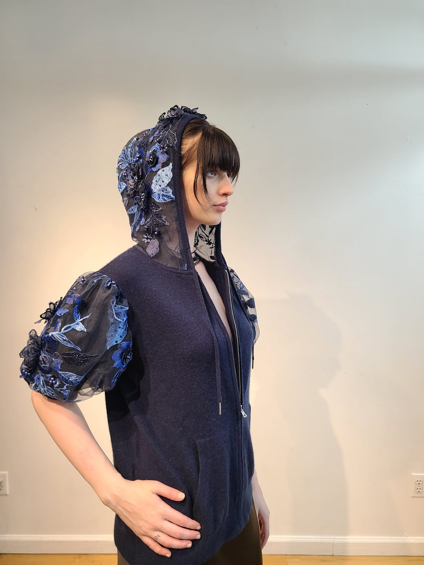NAVY CASHMERE HOODIE WITH ¾ PUFF SLEEVE & HOOD EMBELLISHED NAVY & CARDINAL BLUE 3D FLOWERS & BEADING ON NAVY ORGANZA (SIZE L)