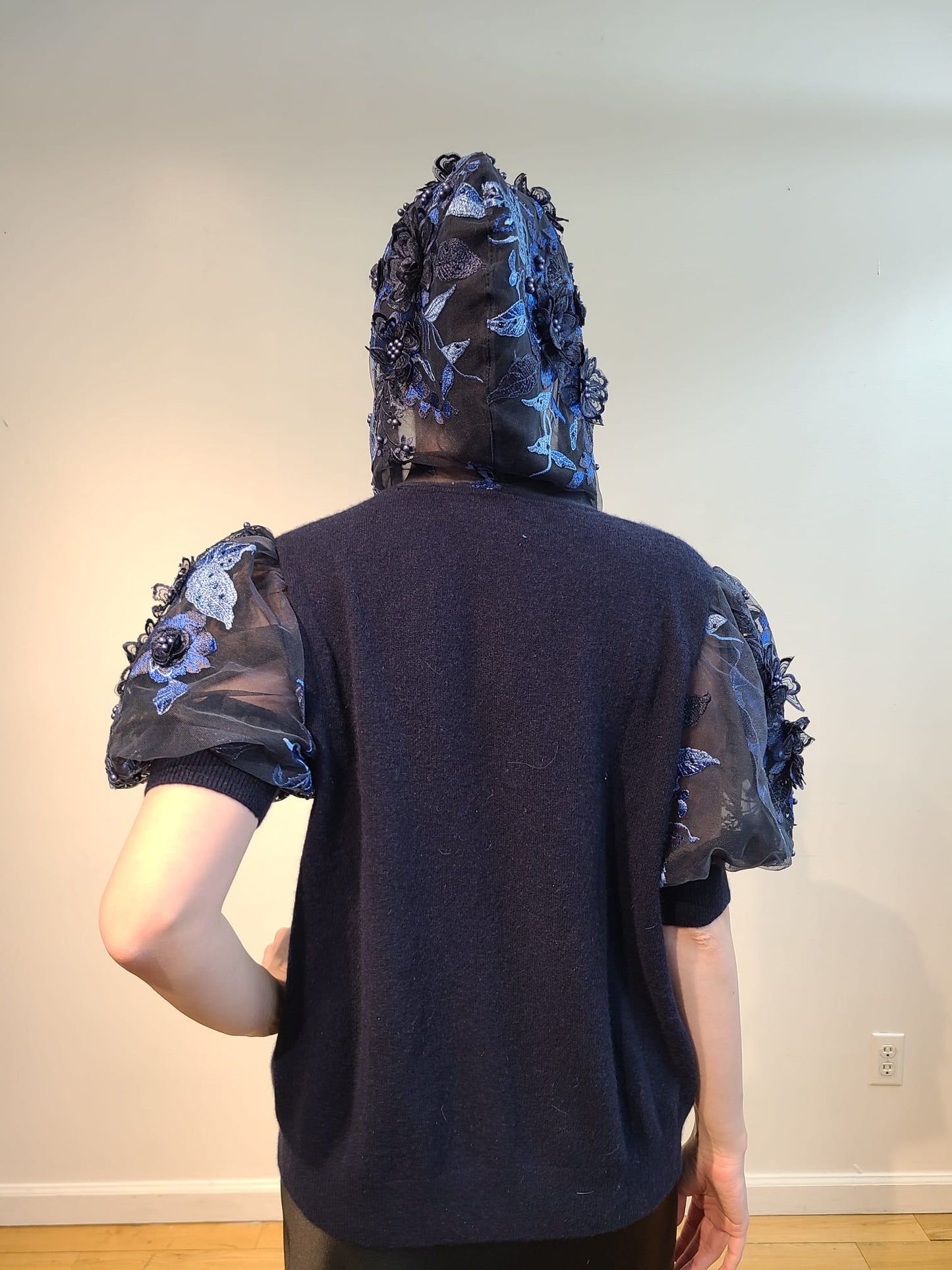 NAVY CASHMERE HOODIE WITH ¾ PUFF SLEEVE & HOOD EMBELLISHED NAVY & CARDINAL BLUE 3D FLOWERS & BEADING ON NAVY ORGANZA (SIZE L)